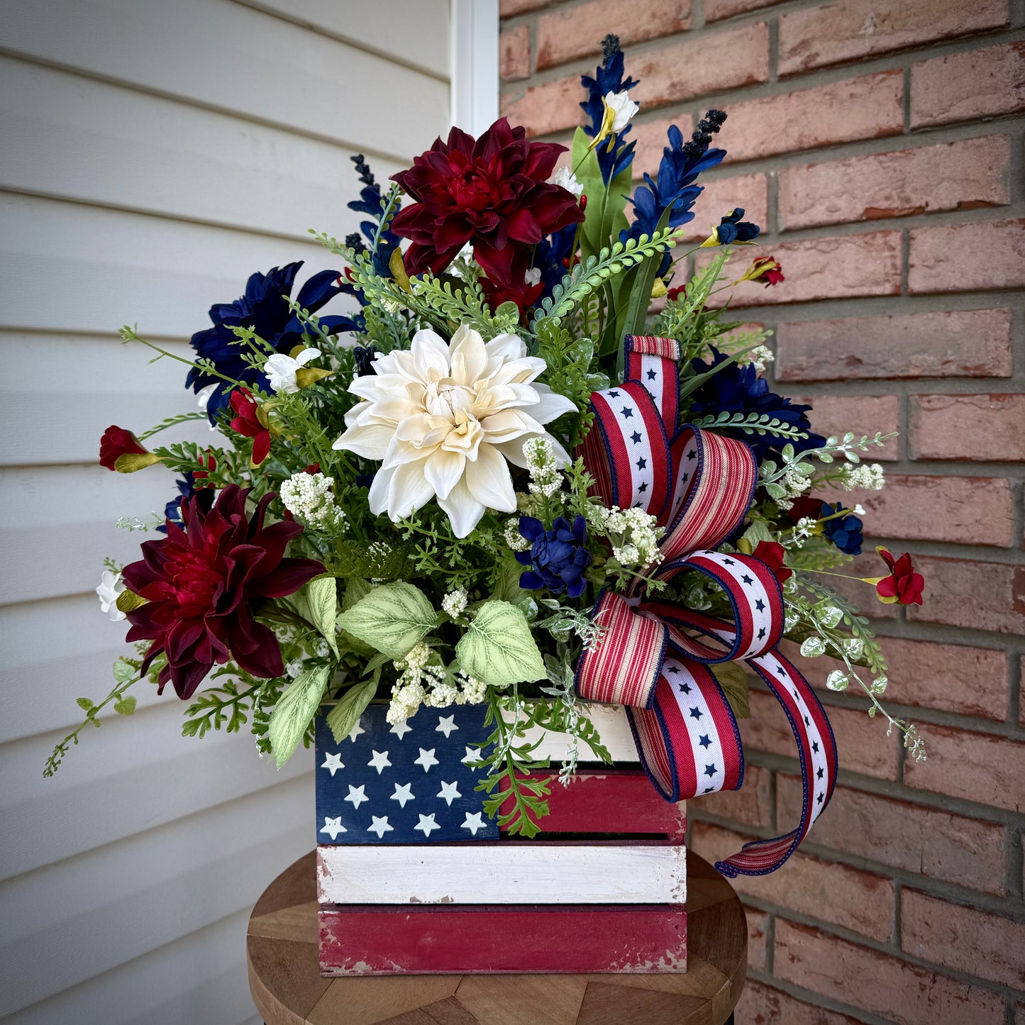 Patriotic Floral Arrangement | American Flag Crate Centerpiece, Red White Blue Summer Decor