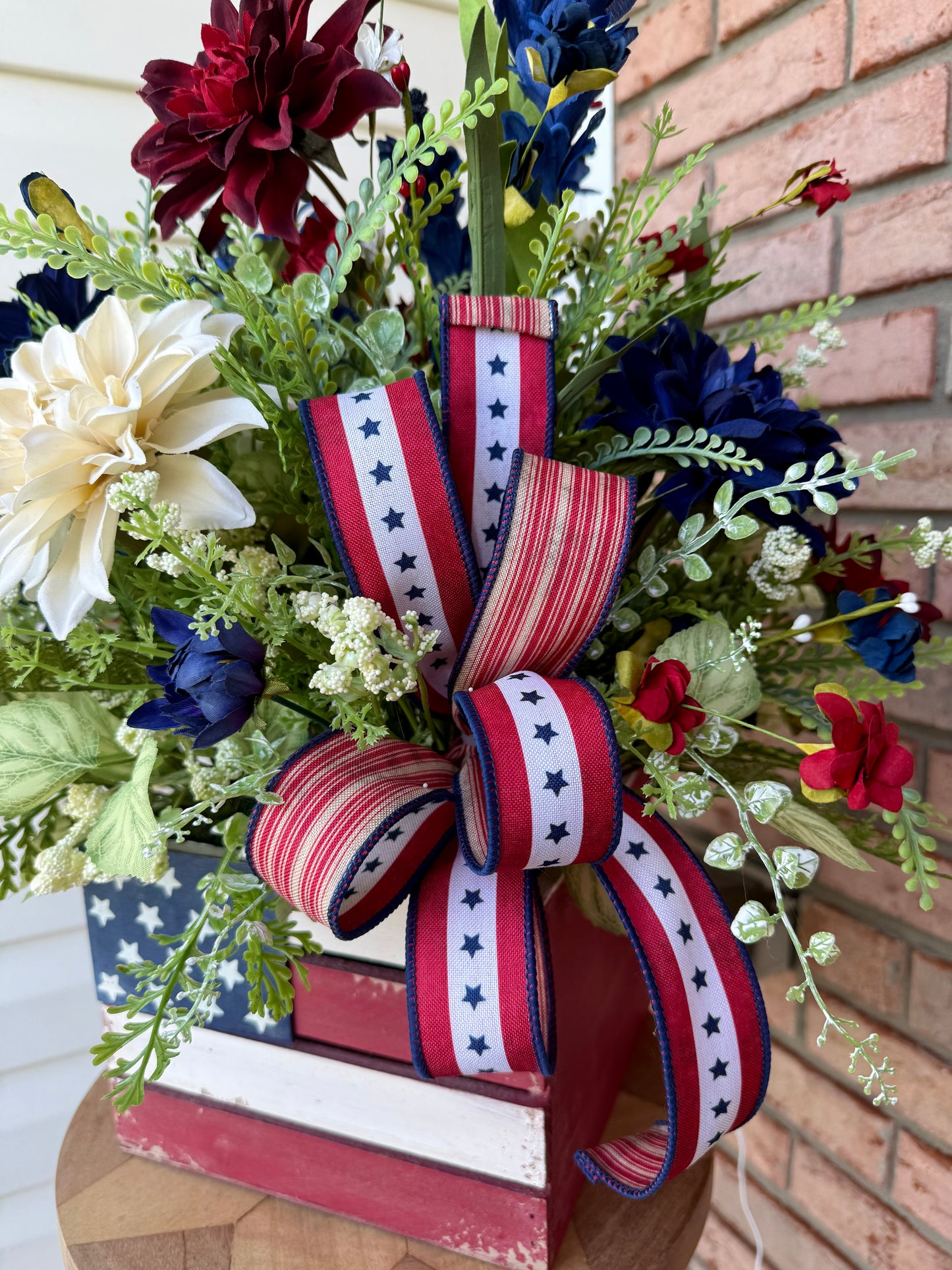 Patriotic Floral Arrangement | American Flag Crate Centerpiece, Red White Blue Summer Decor