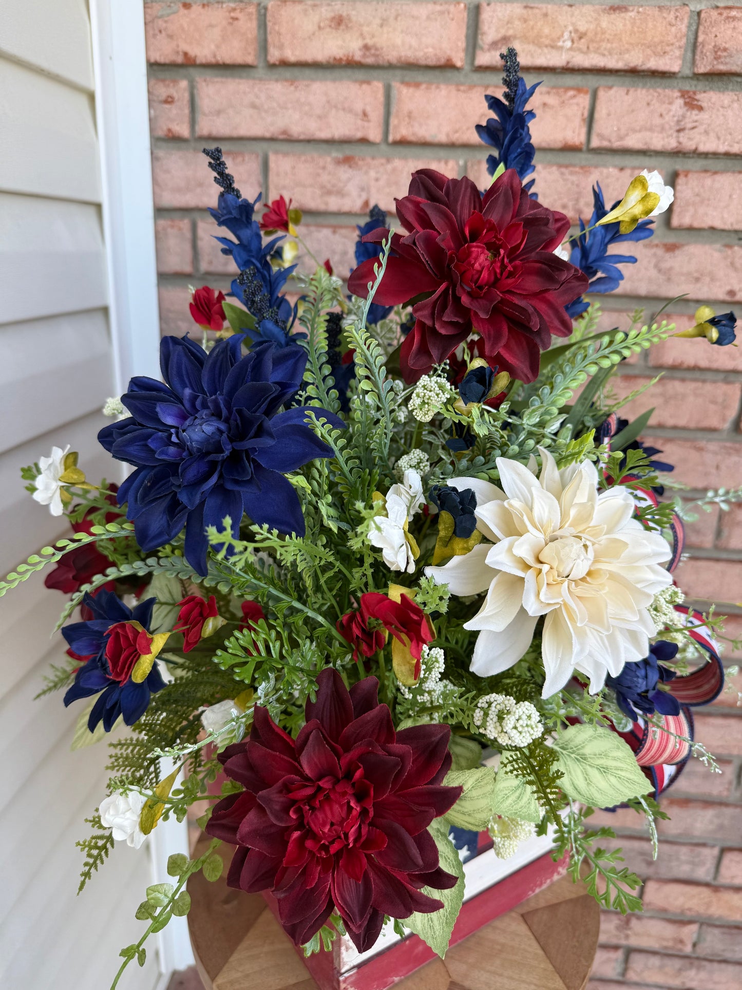 Patriotic Floral Arrangement | American Flag Crate Centerpiece, Red White Blue Summer Decor