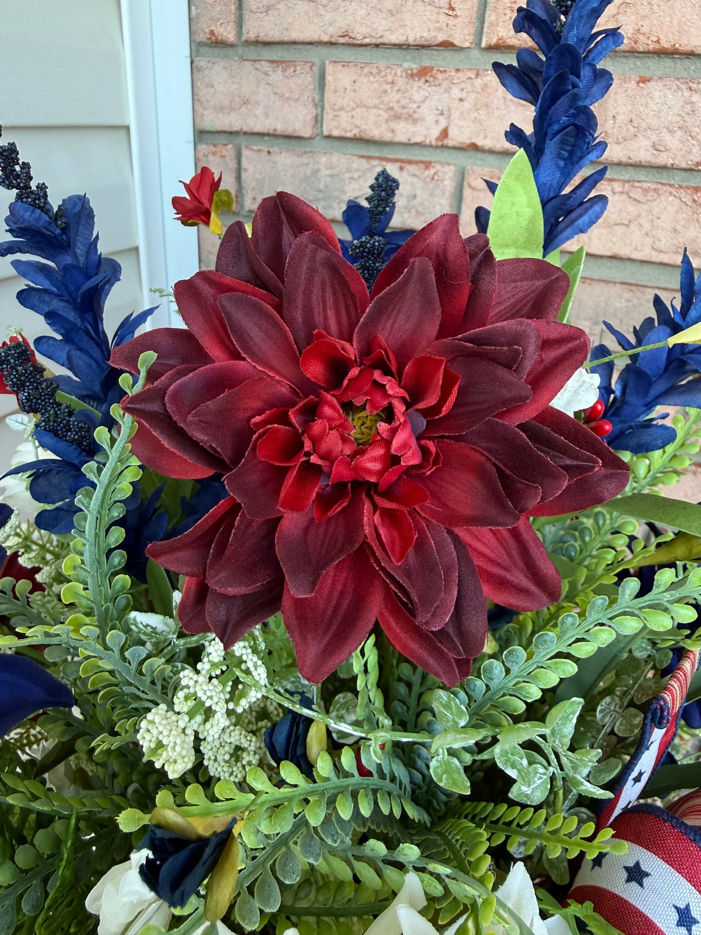 Patriotic Floral Arrangement | American Flag Crate Centerpiece, Red White Blue Summer Decor