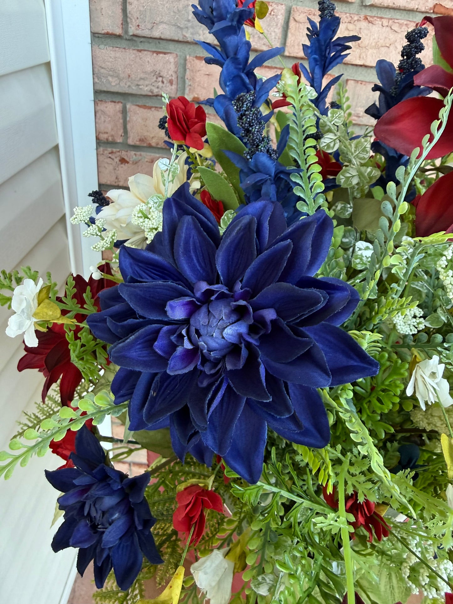 Patriotic Floral Arrangement | American Flag Crate Centerpiece, Red White Blue Summer Decor