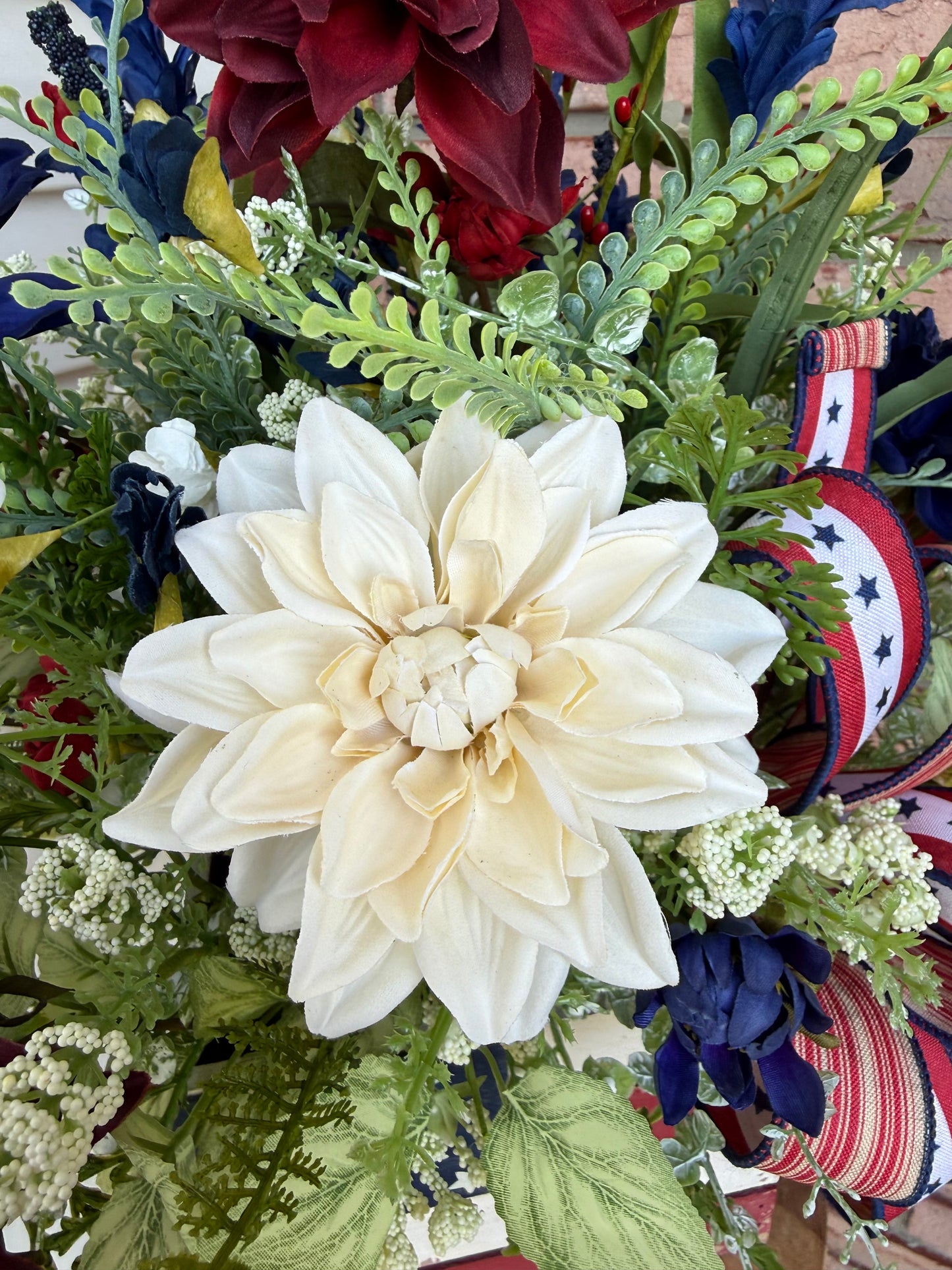 Patriotic Floral Arrangement | American Flag Crate Centerpiece, Red White Blue Summer Decor