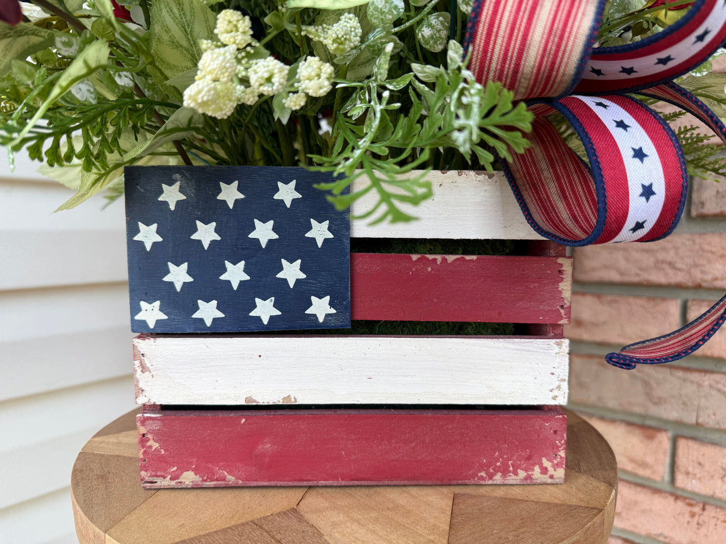 Patriotic Floral Arrangement | American Flag Crate Centerpiece, Red White Blue Summer Decor