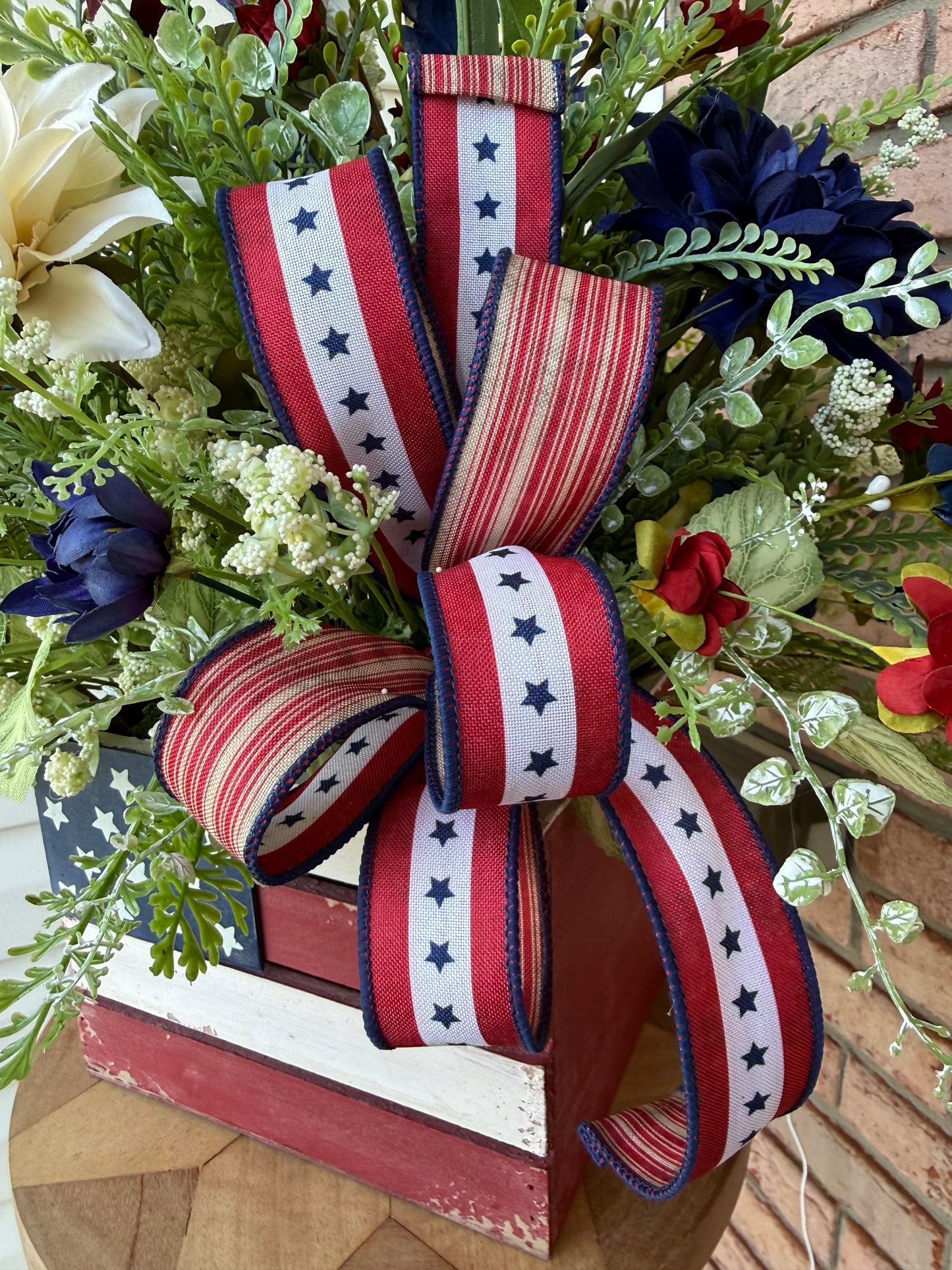 Patriotic Floral Arrangement | American Flag Crate Centerpiece, Red White Blue Summer Decor