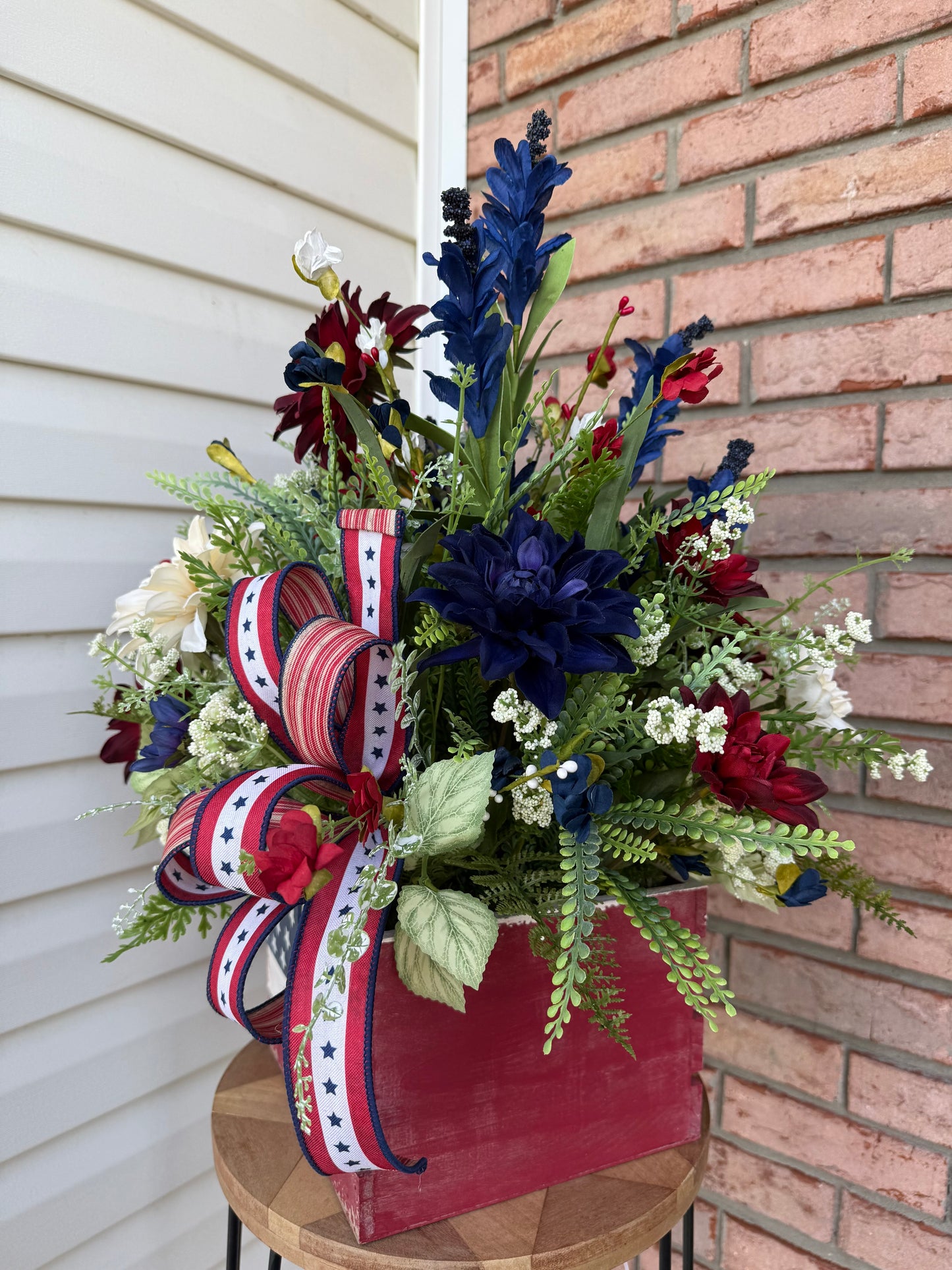 Patriotic Floral Arrangement | American Flag Crate Centerpiece, Red White Blue Summer Decor