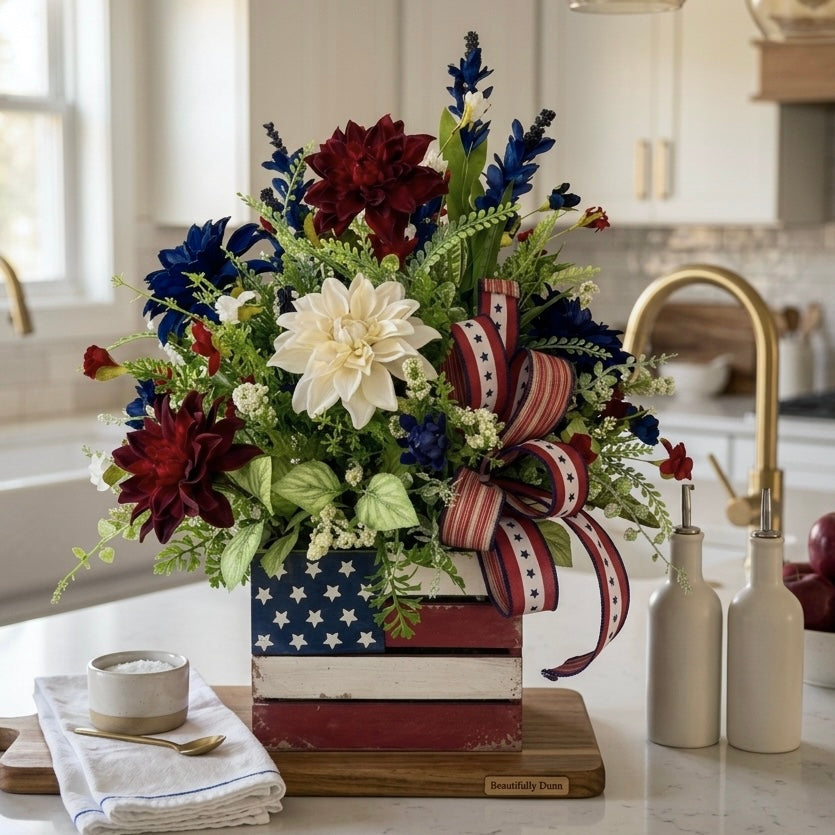 Patriotic Floral Arrangement | American Flag Crate Centerpiece, Red White Blue Summer Decor