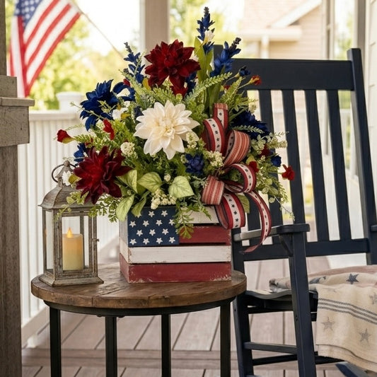 Patriotic Floral Arrangement | American Flag Crate Centerpiece, Red White Blue Summer Decor