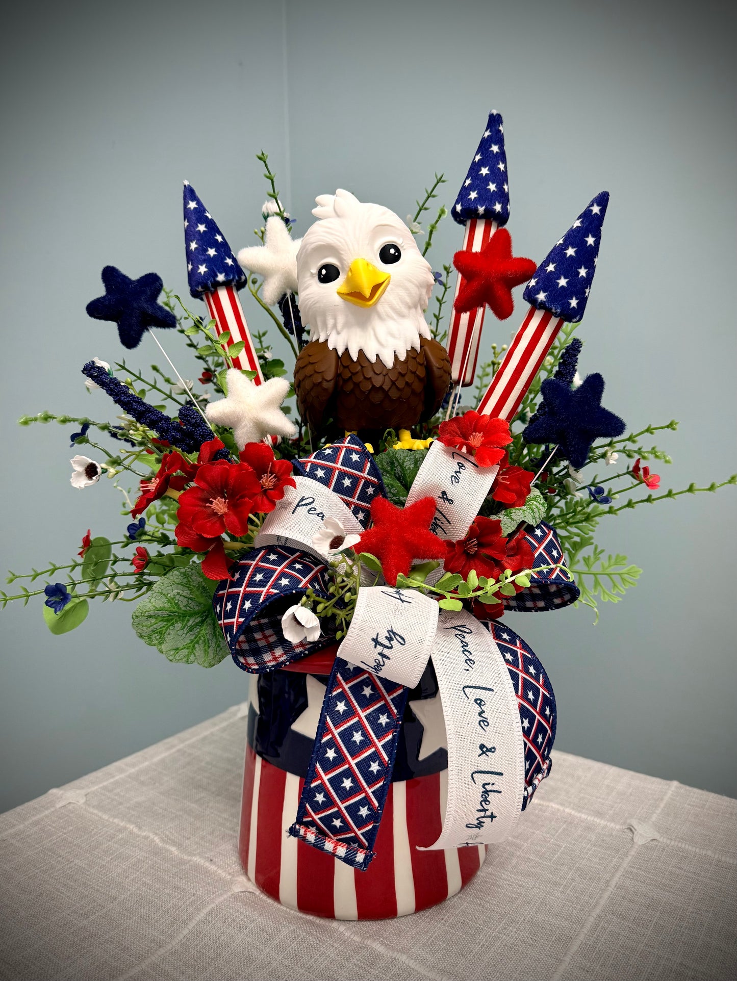 Patriotic Eagle Top Hat Arrangement - Whimsical 4th of July Centerpiece - Red White Blue