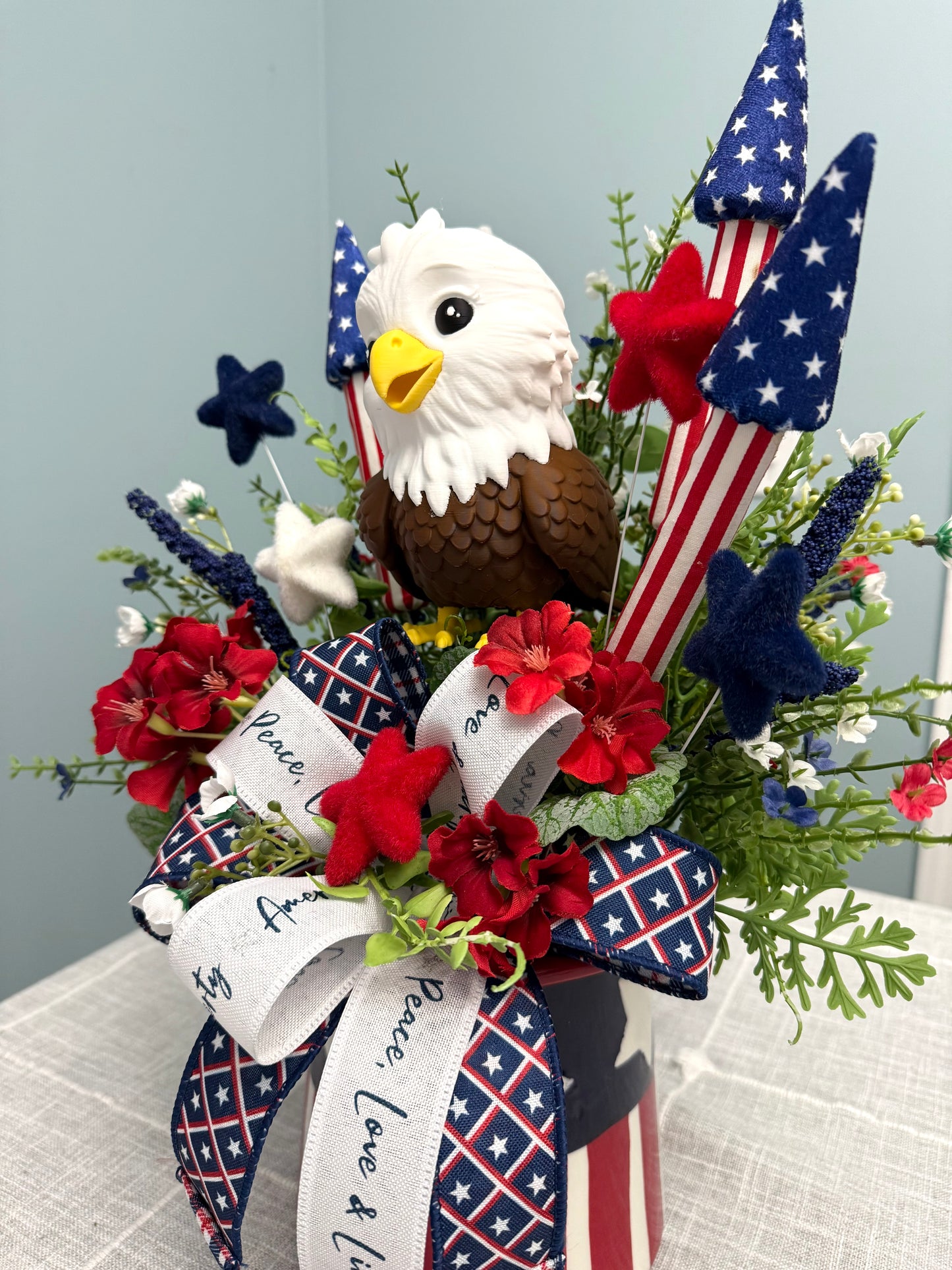 Patriotic Eagle Top Hat Arrangement - Whimsical 4th of July Centerpiece - Red White Blue