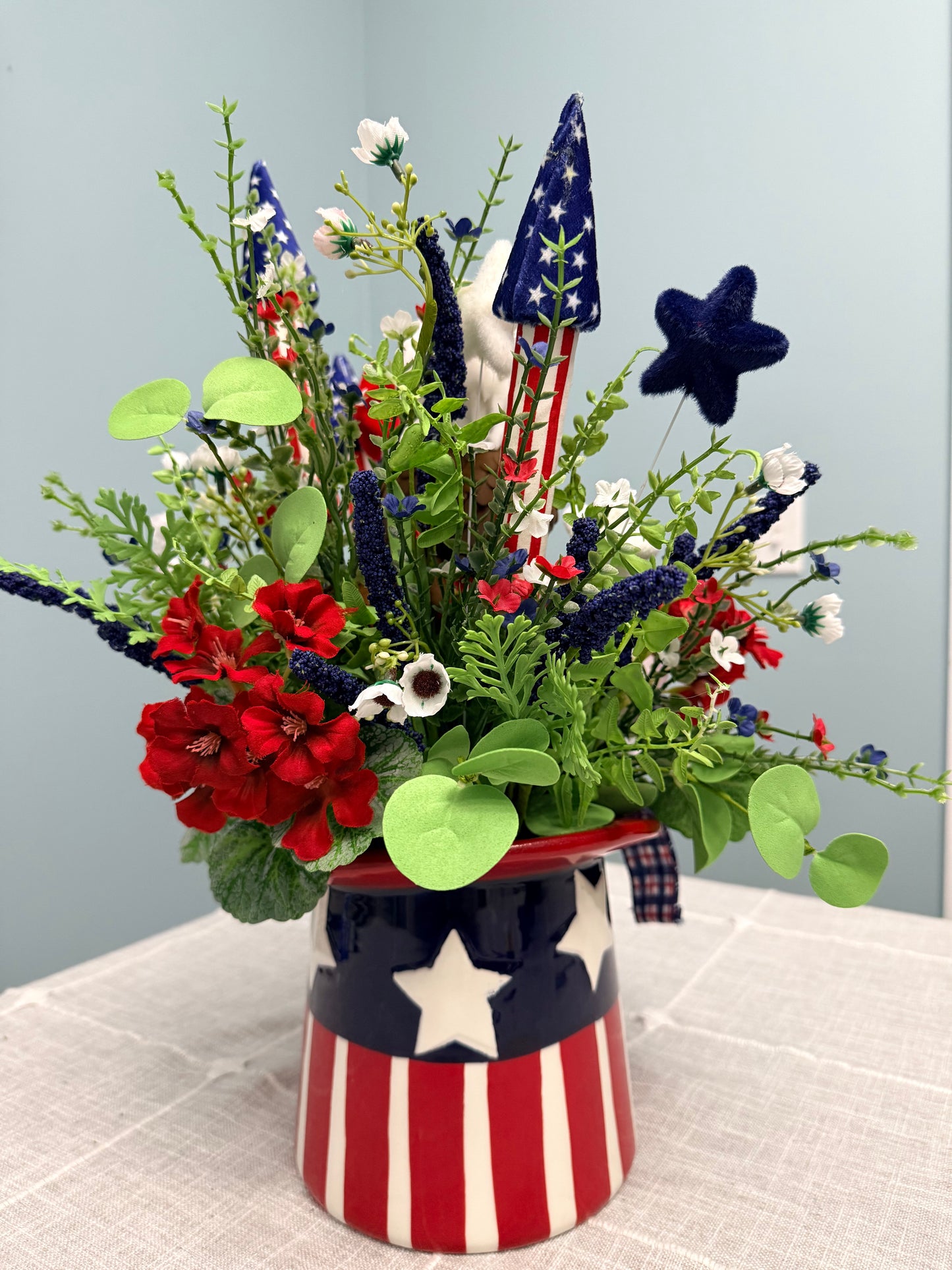 Patriotic Eagle Top Hat Arrangement - Whimsical 4th of July Centerpiece - Red White Blue