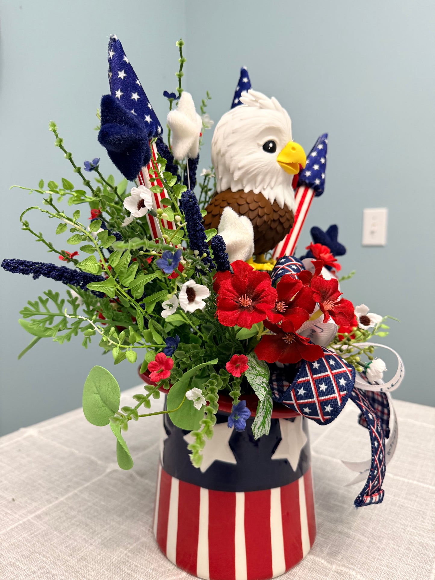 Patriotic Eagle Top Hat Arrangement - Whimsical 4th of July Centerpiece - Red White Blue