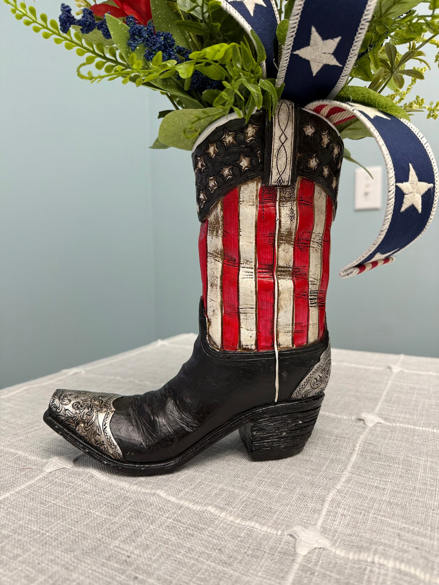 Patriotic Cowboy Boot Floral Arrangement – American Flag Centerpiece, Veteran Gift