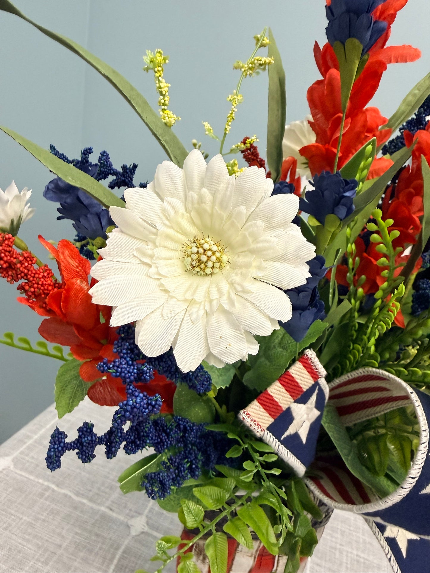 Patriotic Cowboy Boot Floral Arrangement – American Flag Centerpiece, Veteran Gift