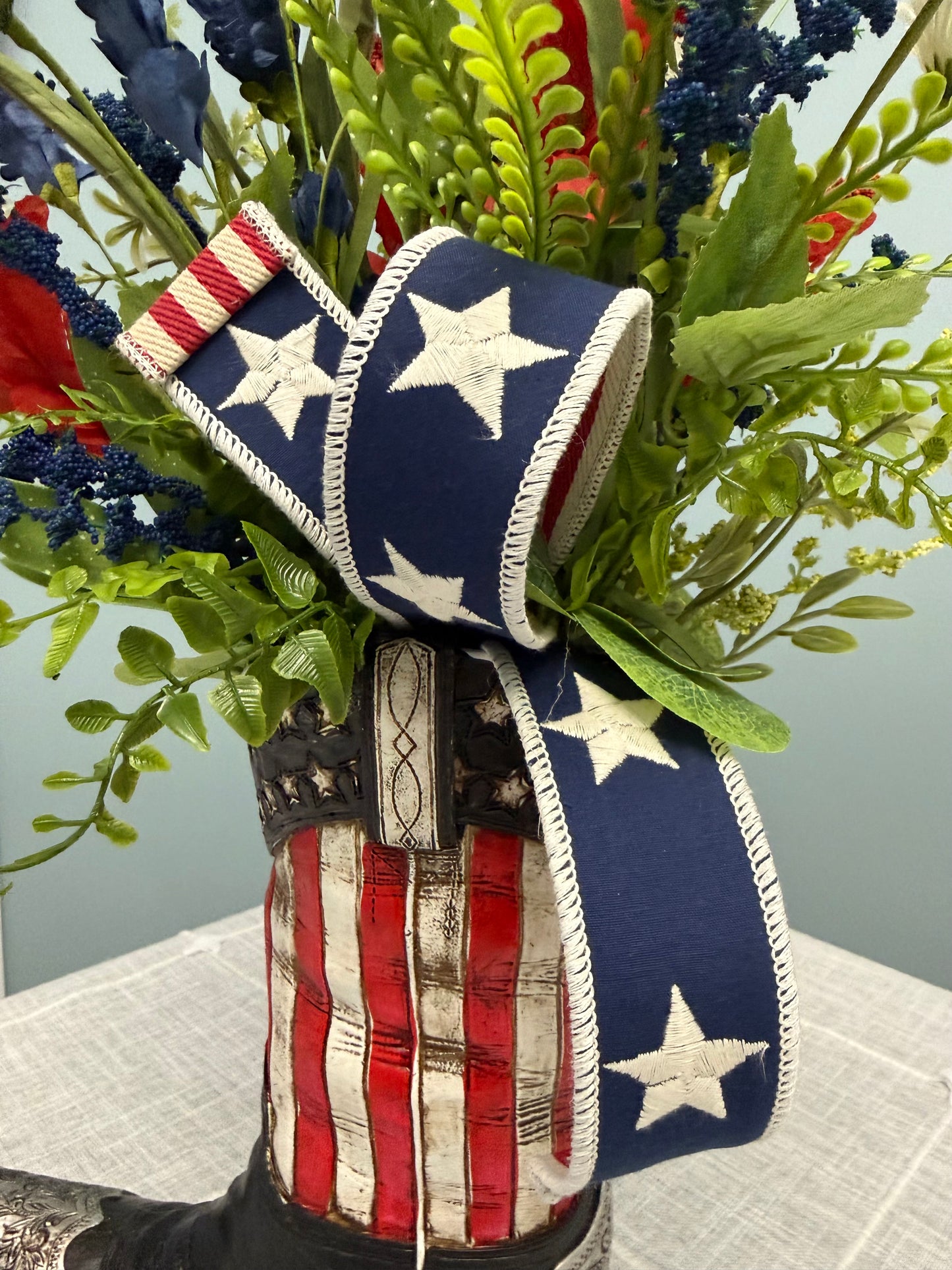 Patriotic Cowboy Boot Floral Arrangement – American Flag Centerpiece, Veteran Gift