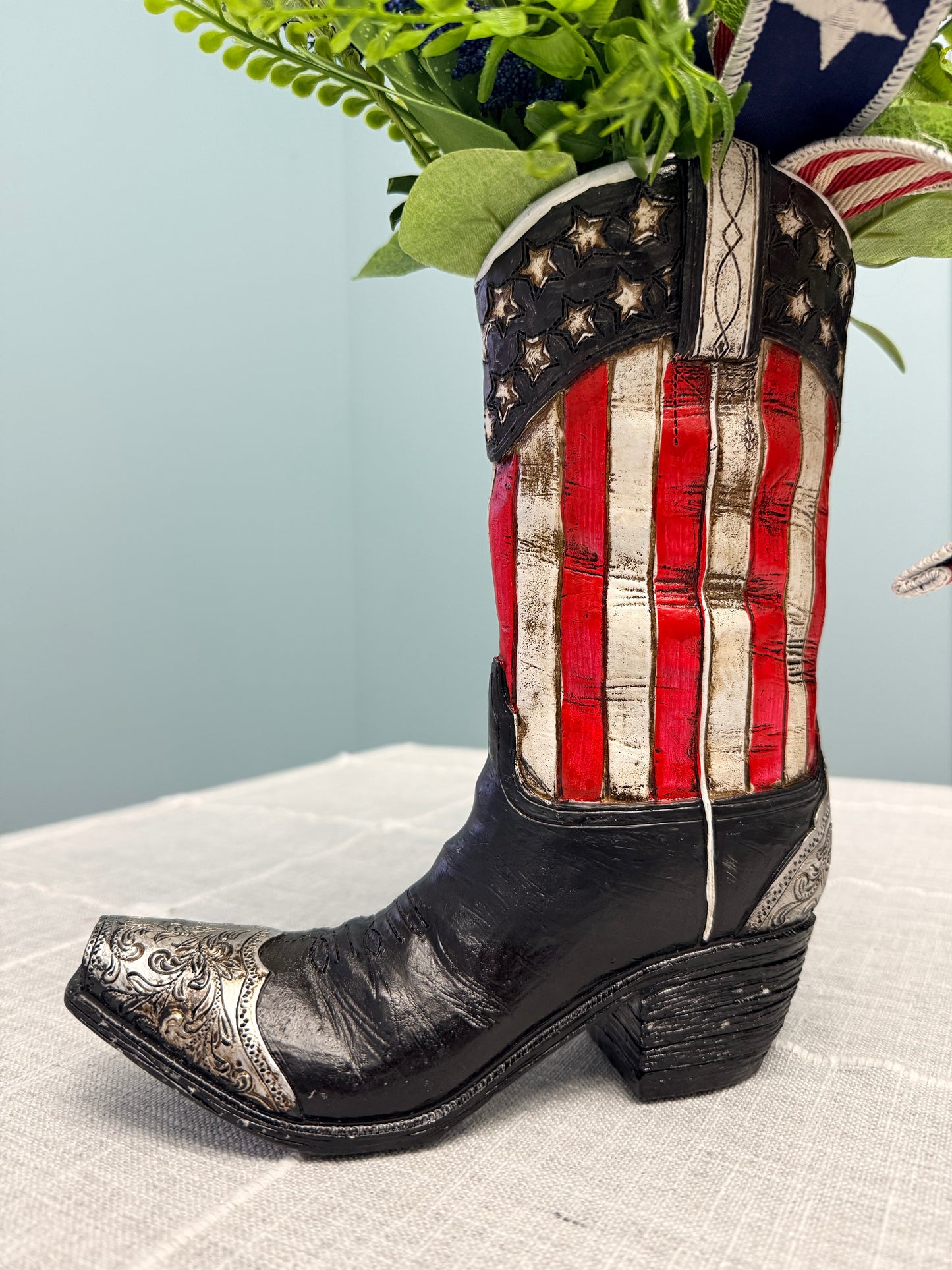 Patriotic Cowboy Boot Floral Arrangement – American Flag Centerpiece, Veteran Gift