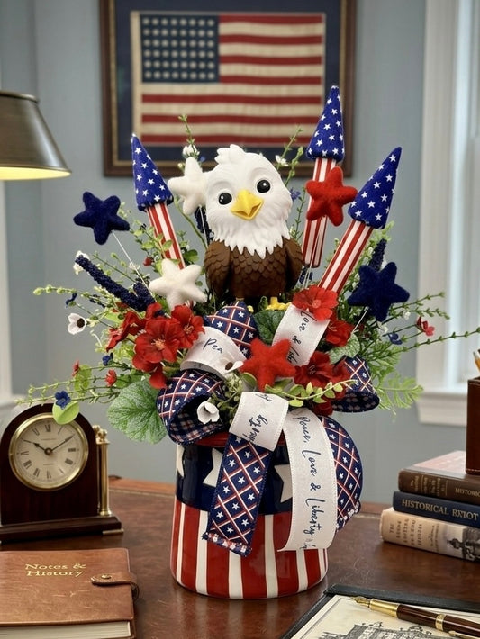 Patriotic Eagle Top Hat Arrangement - Whimsical 4th of July Centerpiece - Red White Blue