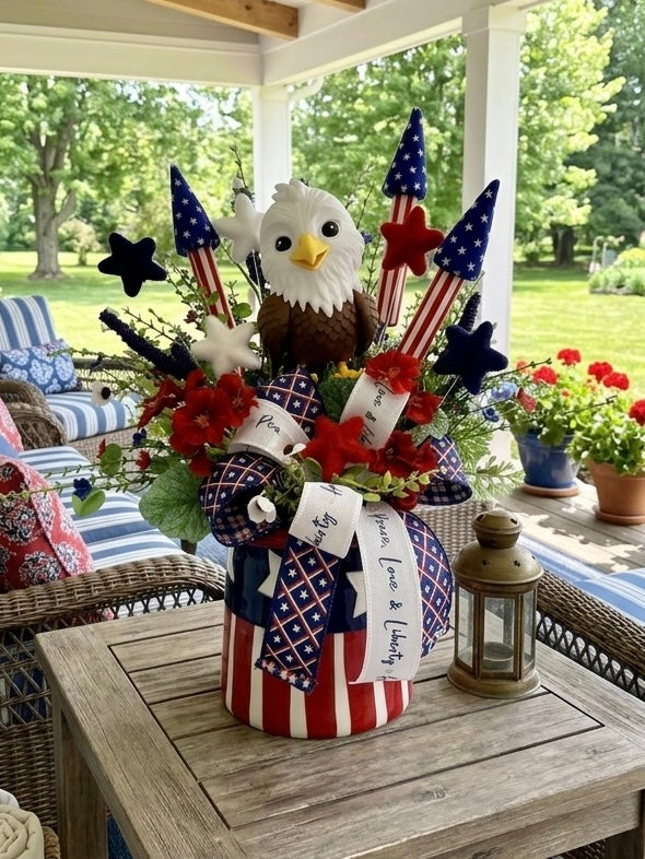 Patriotic Eagle Top Hat Arrangement - Whimsical 4th of July Centerpiece - Red White Blue