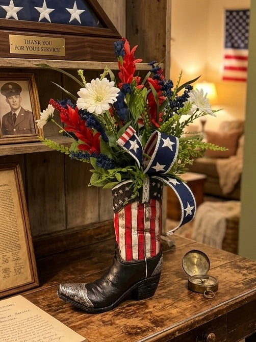 Patriotic Stars & Stripes Cowboy Boot Resin Vase