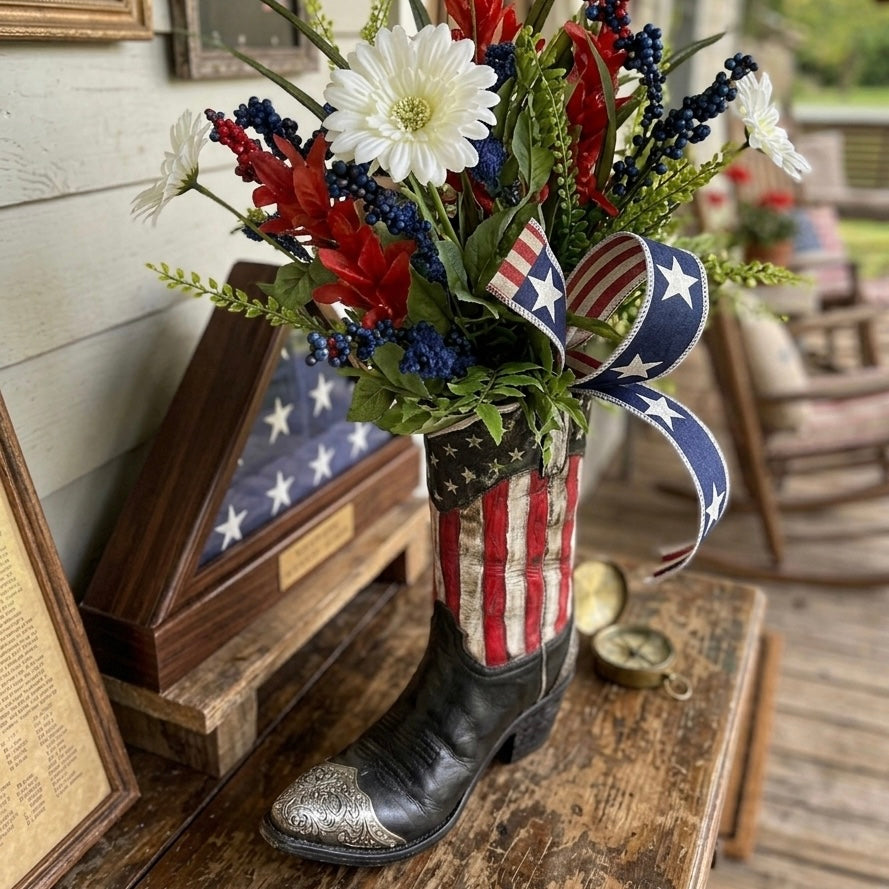 Patriotic Cowboy Boot Floral Arrangement – American Flag Centerpiece, Veteran Gift