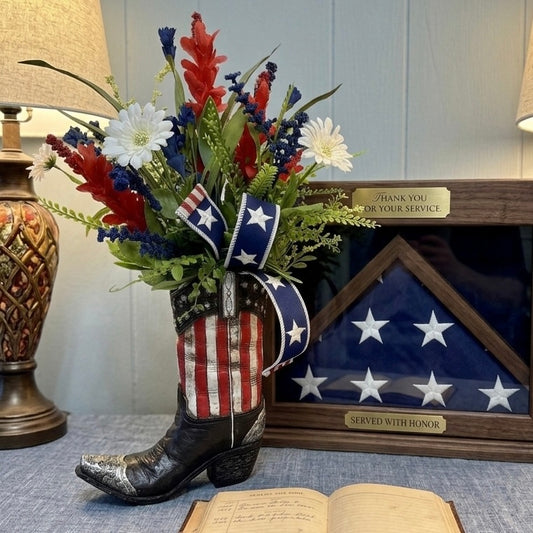 Patriotic Cowboy Boot Floral Arrangement – American Flag Centerpiece, Veteran Gift