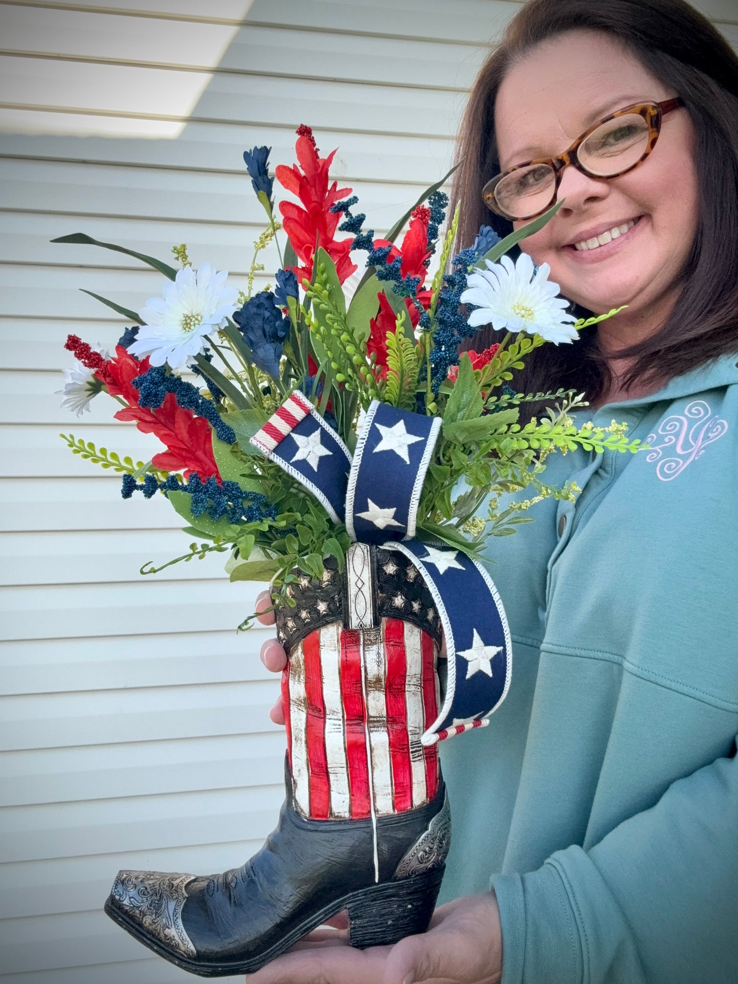 Patriotic Cowboy Boot Floral Arrangement – American Flag Centerpiece, Veteran Gift