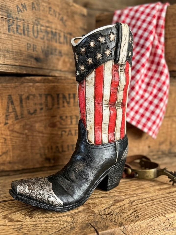 Patriotic Stars & Stripes Cowboy Boot Resin Vase
