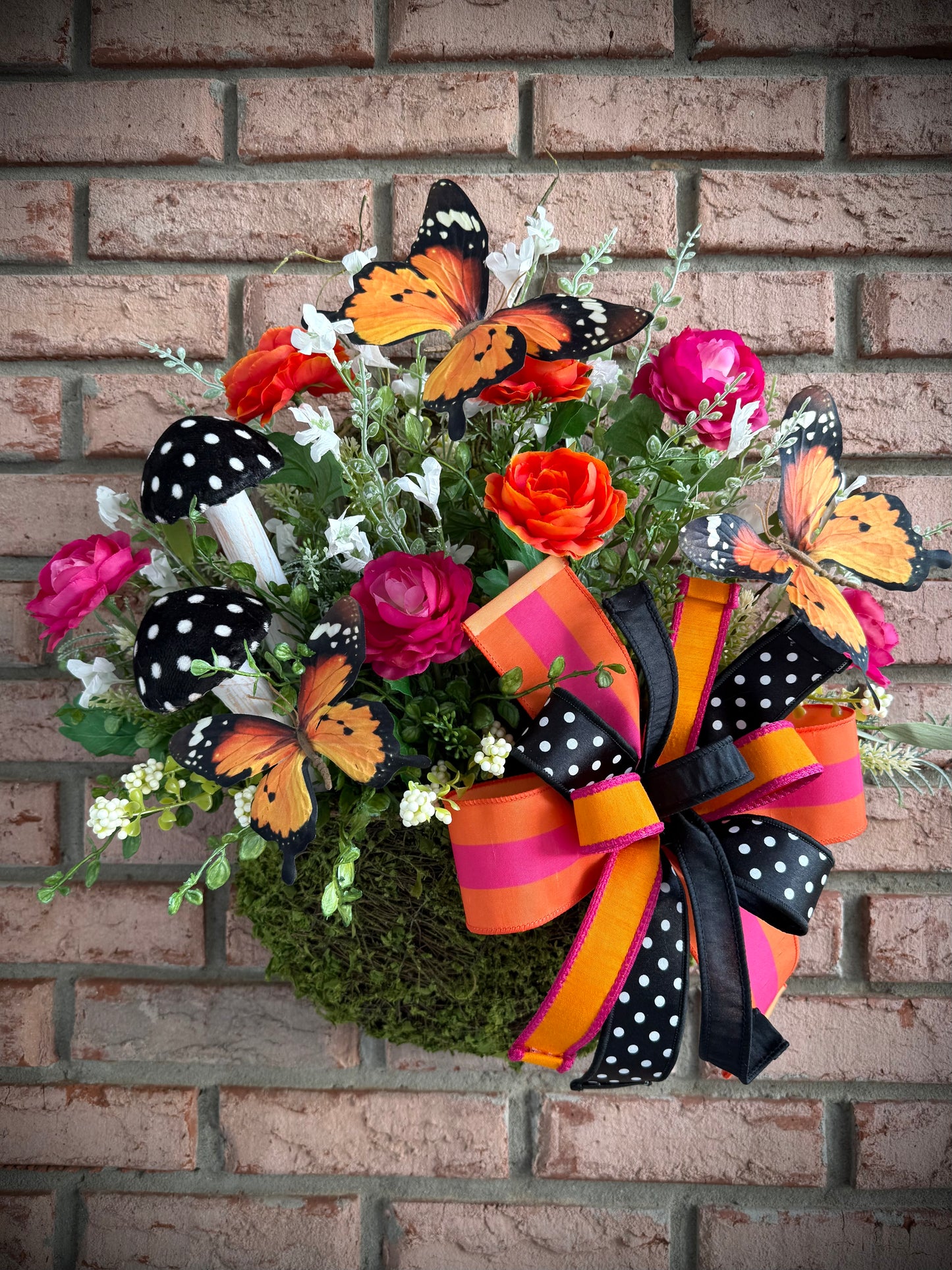 Whimsical Monarch Butterfly Hanging Basket – Pink & Orange Floral Front Door Decor
