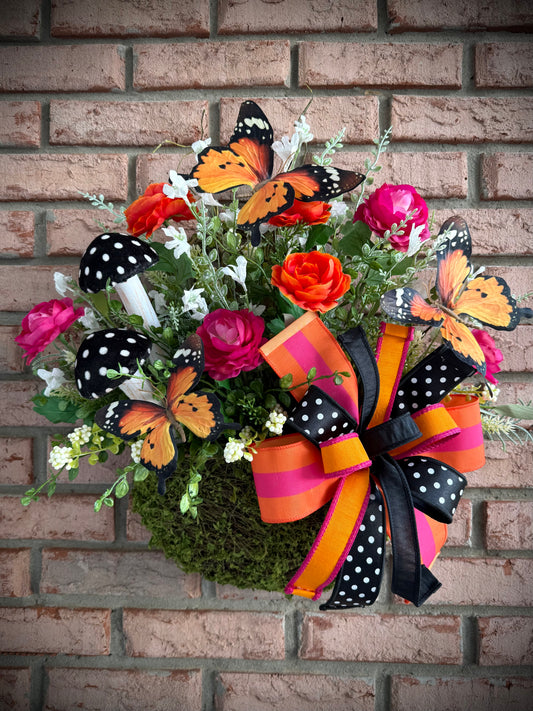 Whimsical Monarch Butterfly Hanging Basket – Pink & Orange Floral Front Door Decor