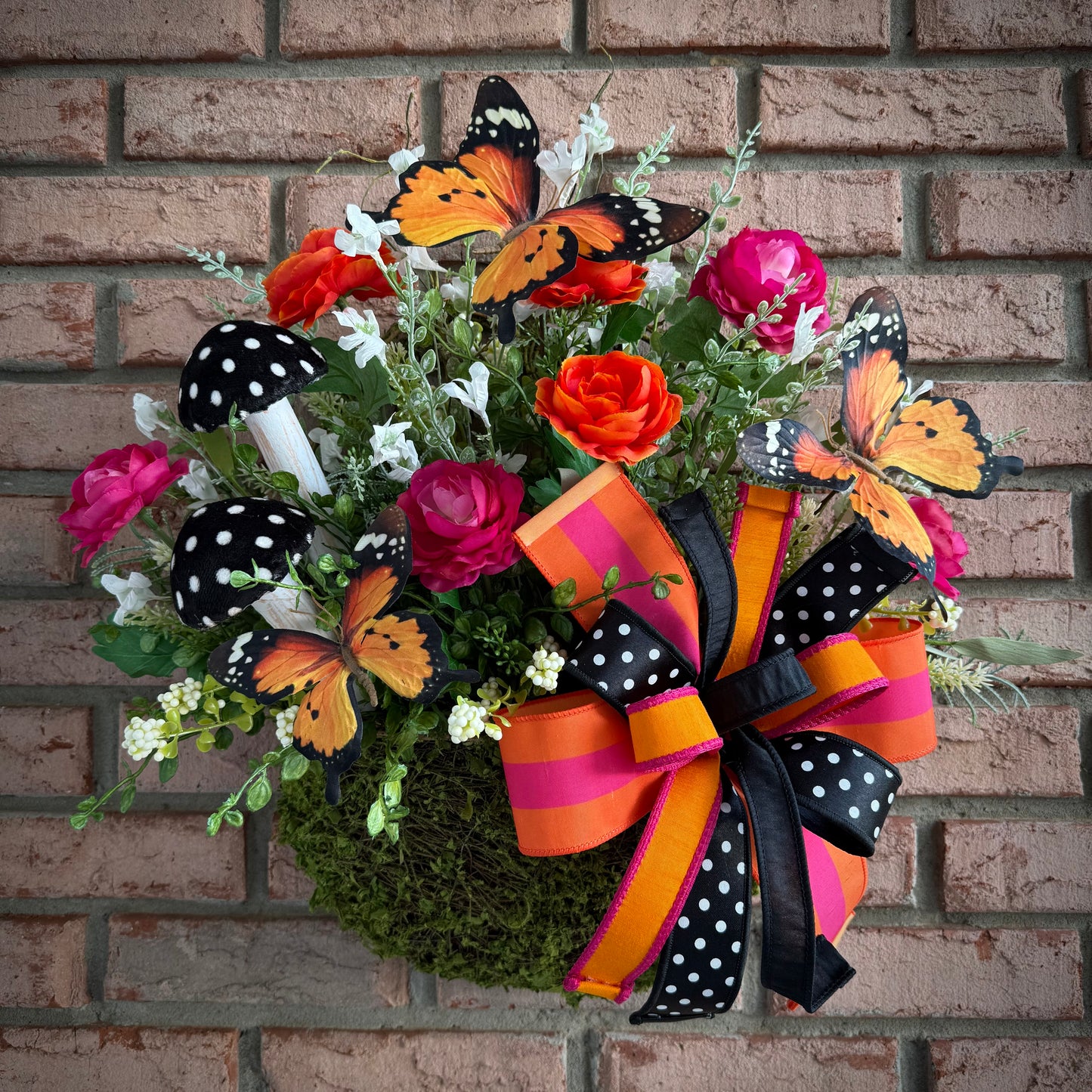 Whimsical Monarch Butterfly Hanging Basket – Pink & Orange Floral Front Door Decor