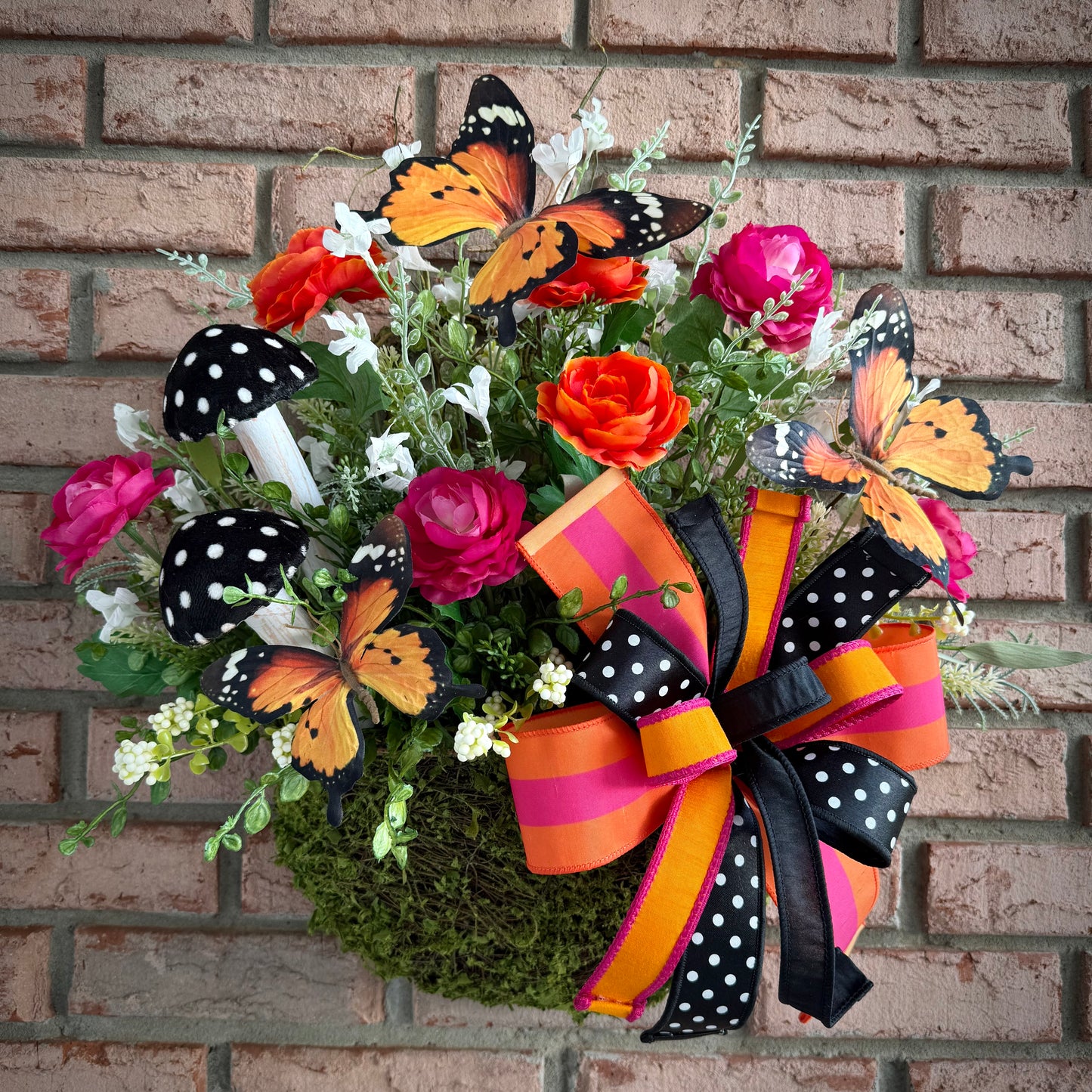 Whimsical Monarch Butterfly Hanging Basket – Pink & Orange Floral Front Door Decor