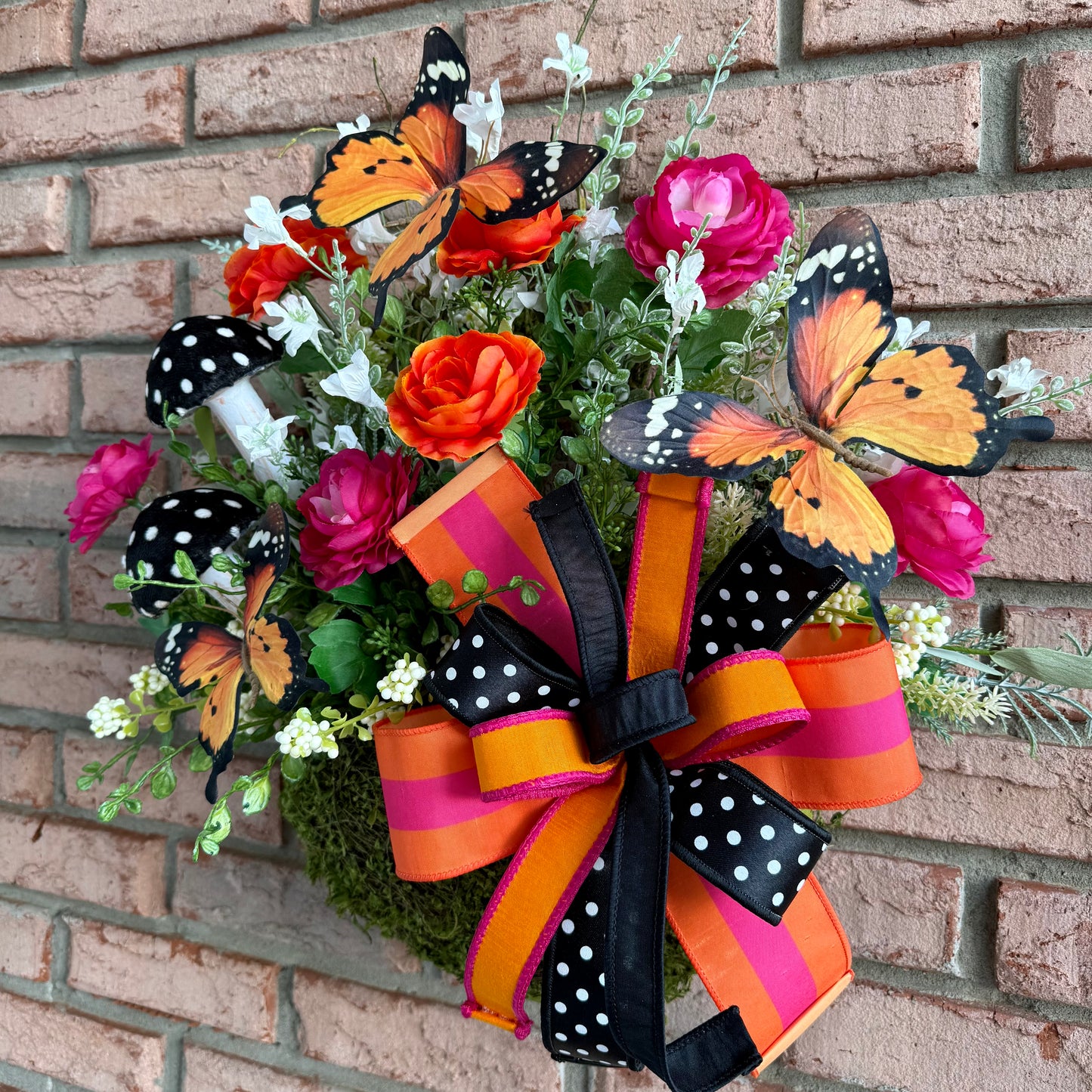 Whimsical Monarch Butterfly Hanging Basket – Pink & Orange Floral Front Door Decor