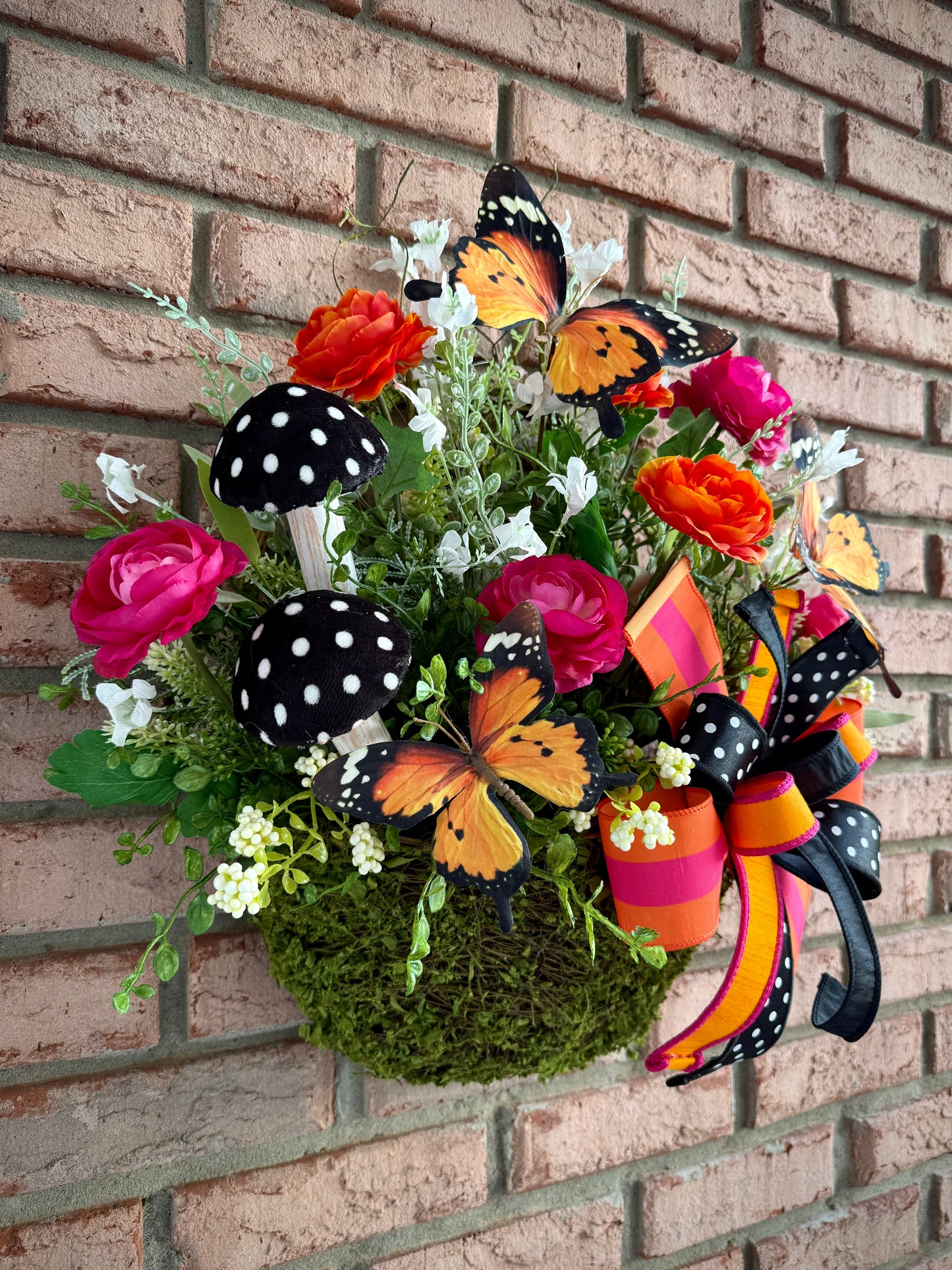 Whimsical Monarch Butterfly Hanging Basket – Pink & Orange Floral Front Door Decor