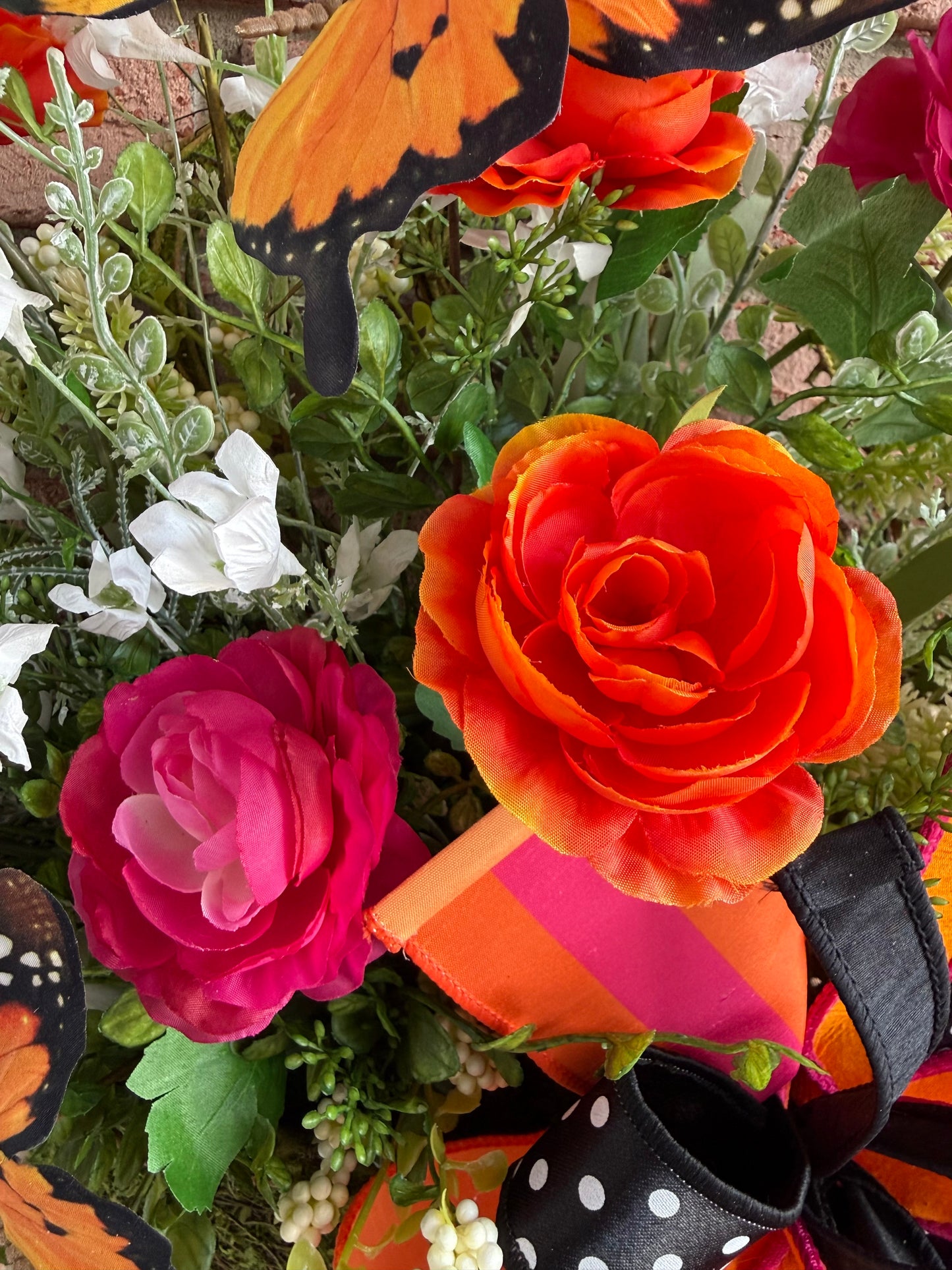 Whimsical Monarch Butterfly Hanging Basket – Pink & Orange Floral Front Door Decor