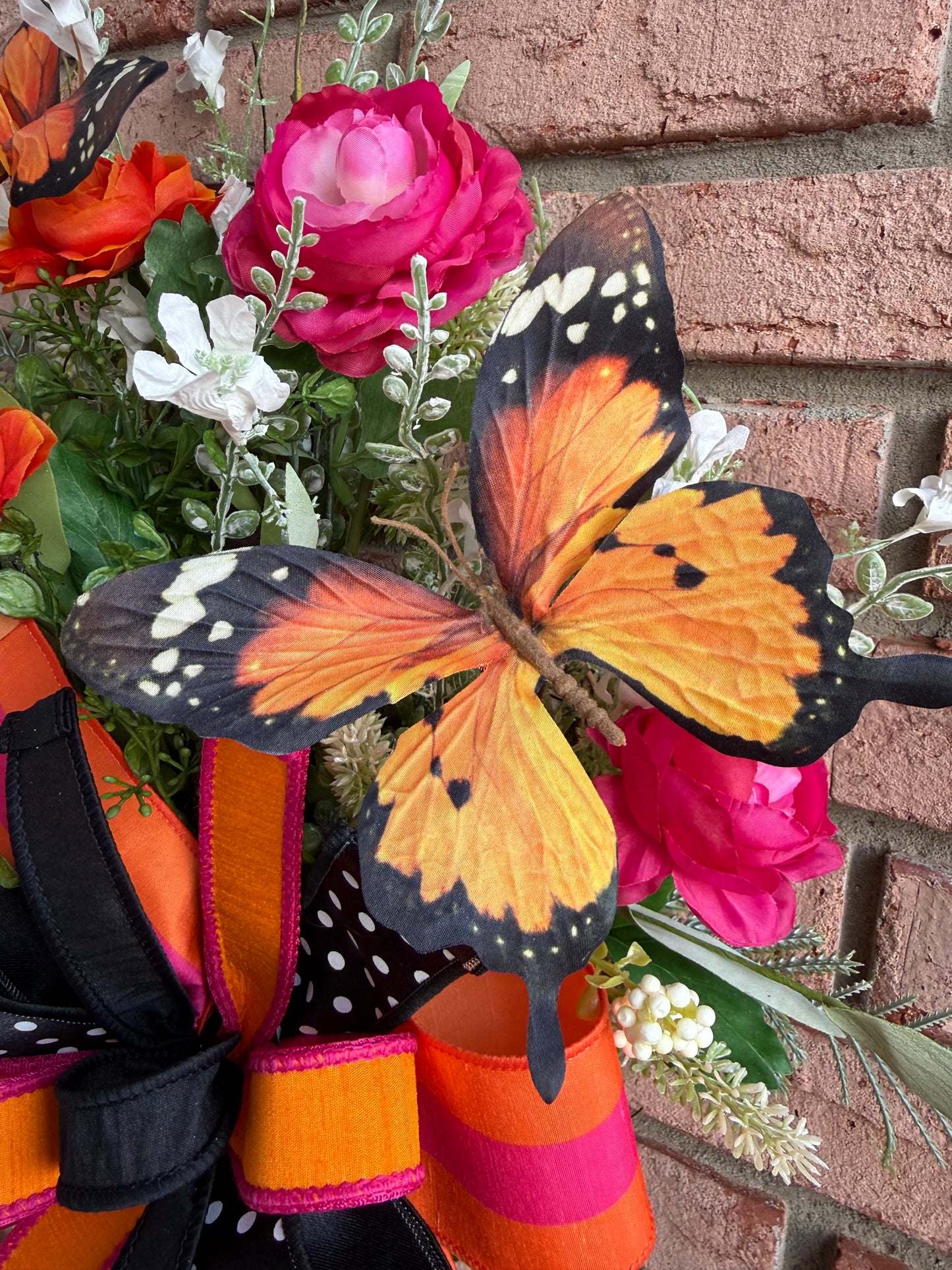 Whimsical Monarch Butterfly Hanging Basket – Pink & Orange Floral Front Door Decor