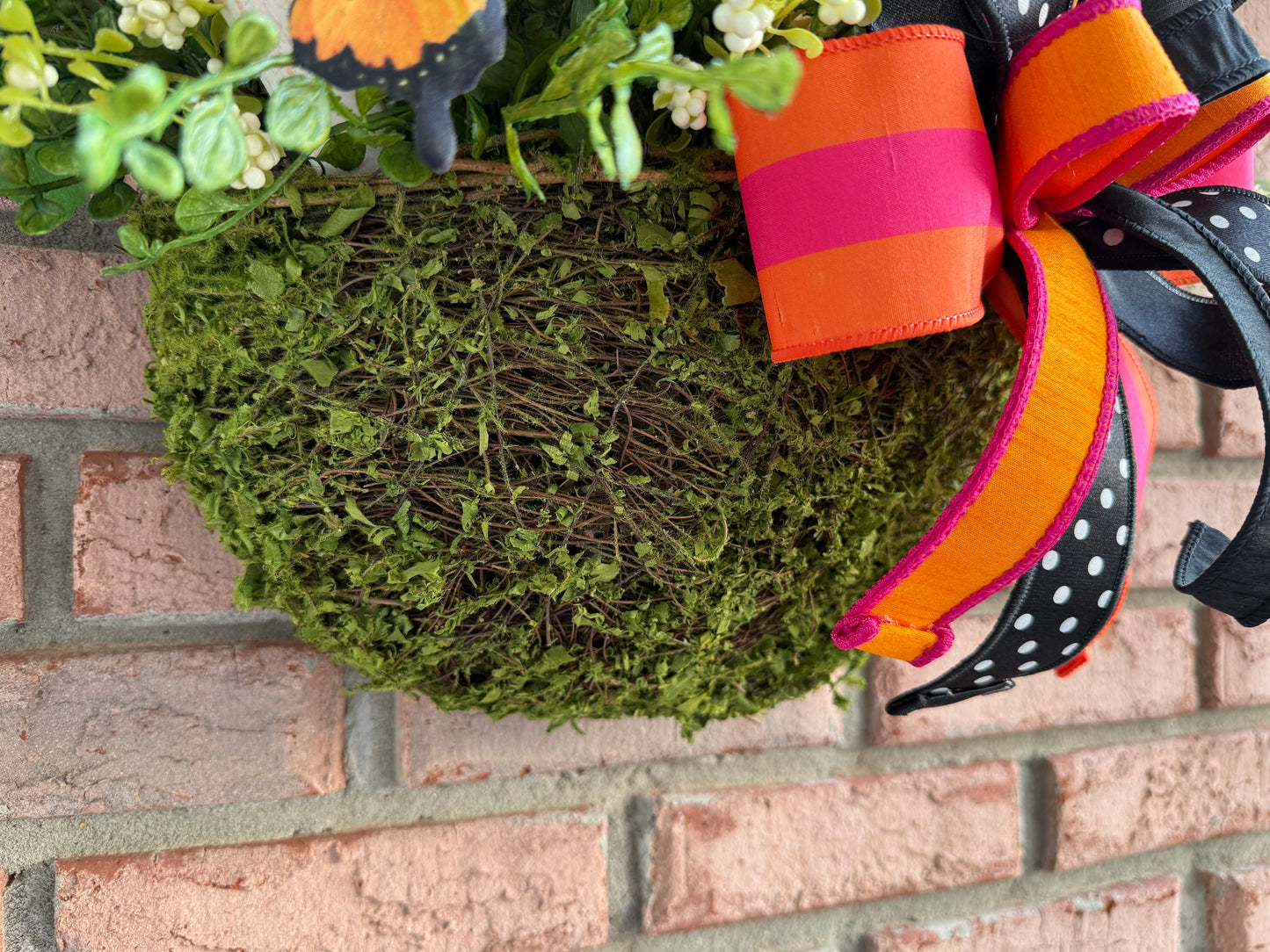Whimsical Monarch Butterfly Hanging Basket – Pink & Orange Floral Front Door Decor