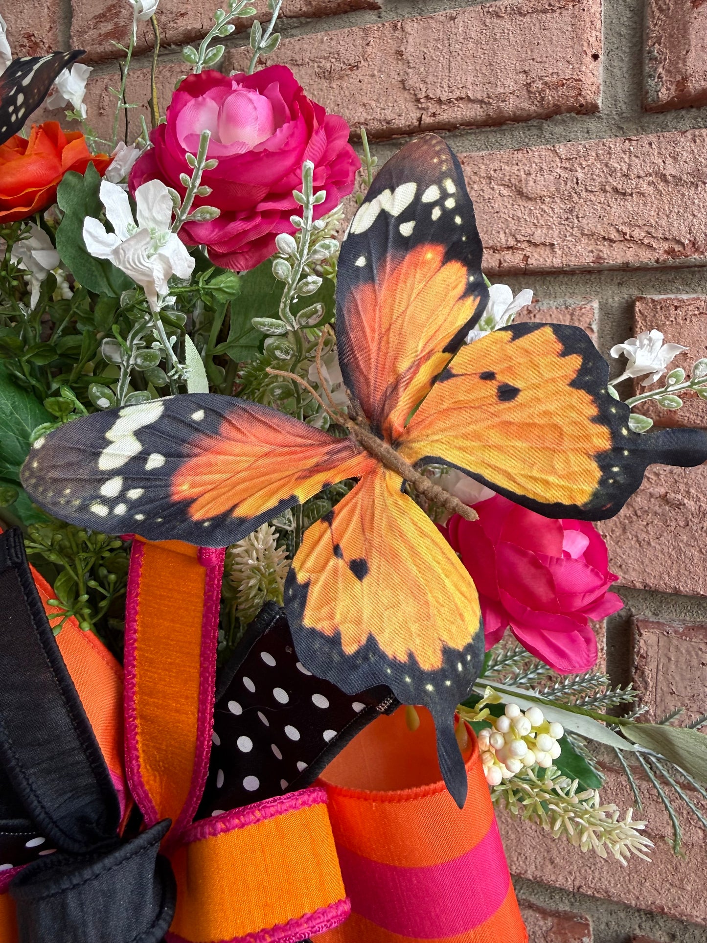 Whimsical Monarch Butterfly Hanging Basket – Pink & Orange Floral Front Door Decor