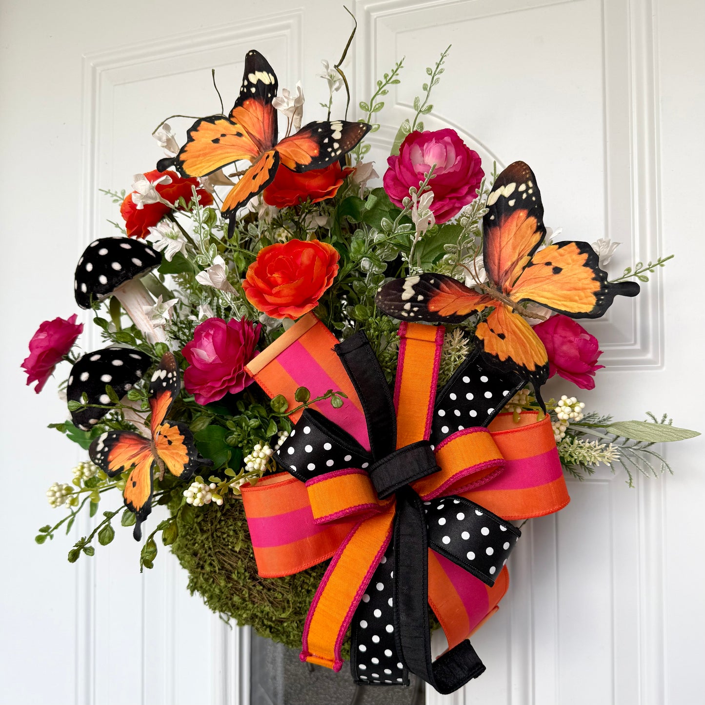 Whimsical Monarch Butterfly Hanging Basket – Pink & Orange Floral Front Door Decor