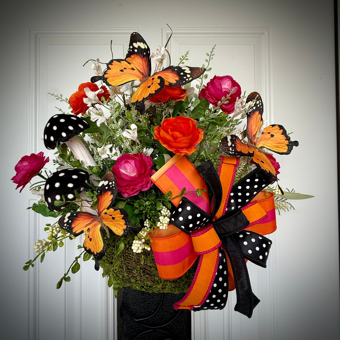 Whimsical Monarch Butterfly Hanging Basket – Pink & Orange Floral Front Door Decor
