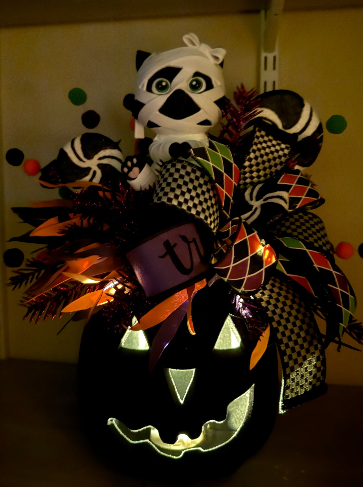 Moonbeam the Mummy Kitty Halloween Arrangement with Light Up Pumpkin