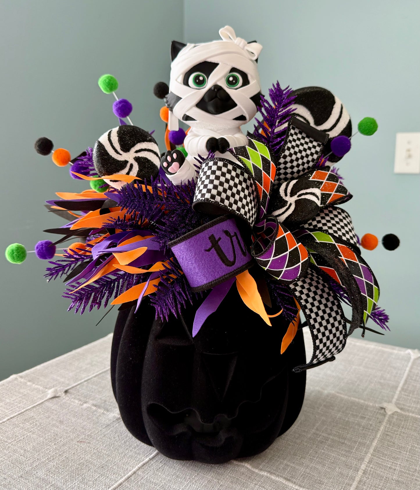 Moonbeam the Mummy Kitty Halloween Arrangement with Light Up Pumpkin