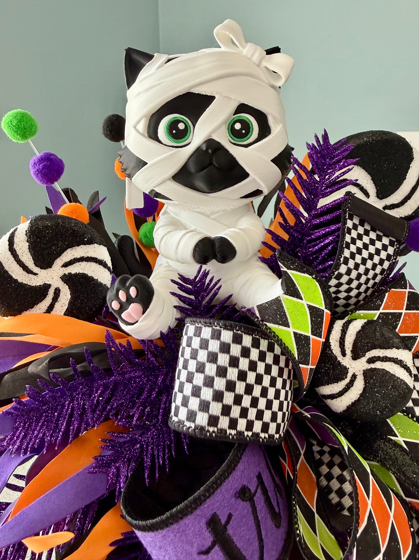 Moonbeam the Mummy Kitty Halloween Arrangement with Light Up Pumpkin