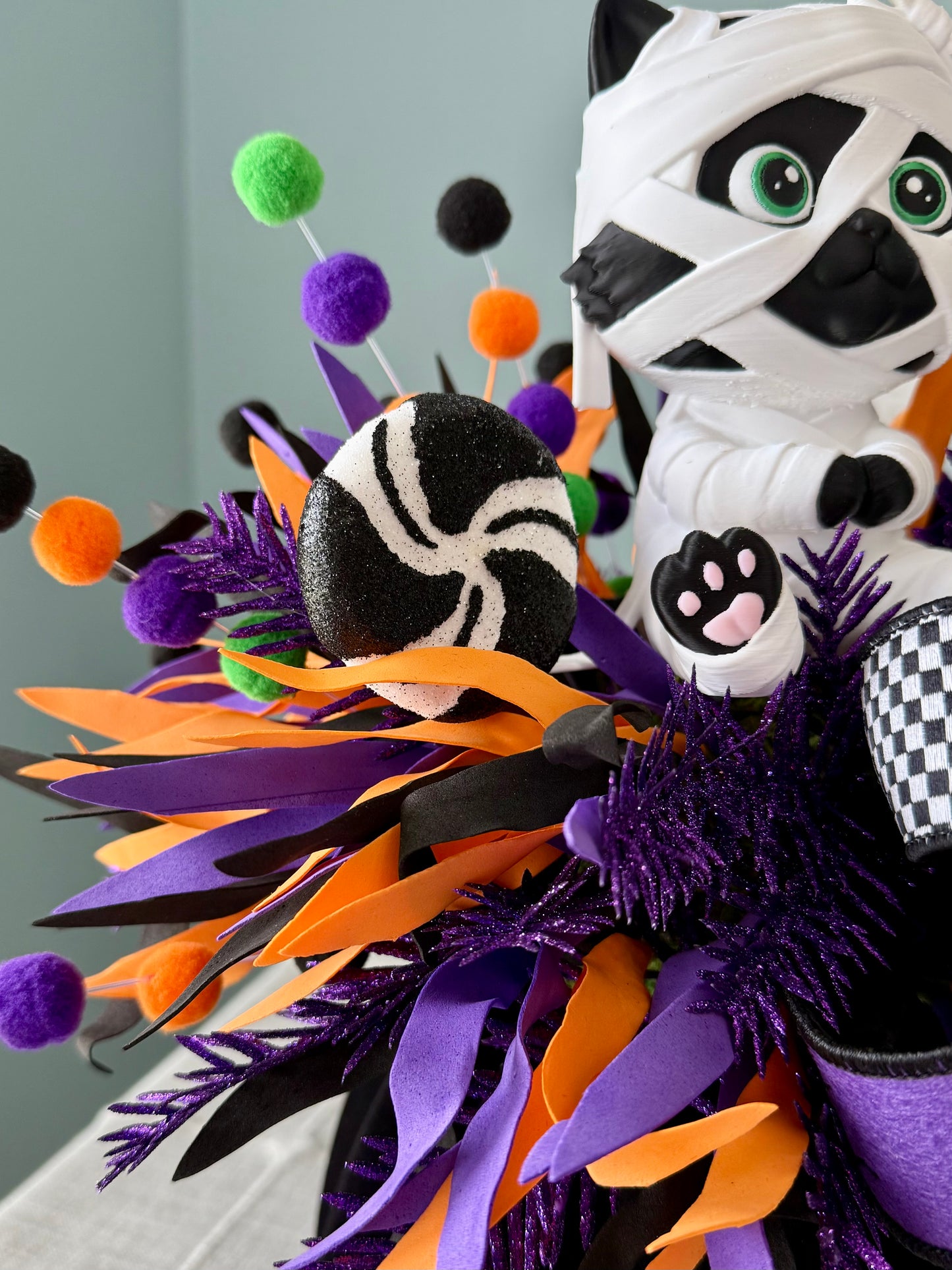 Moonbeam the Mummy Kitty Halloween Arrangement with Light Up Pumpkin
