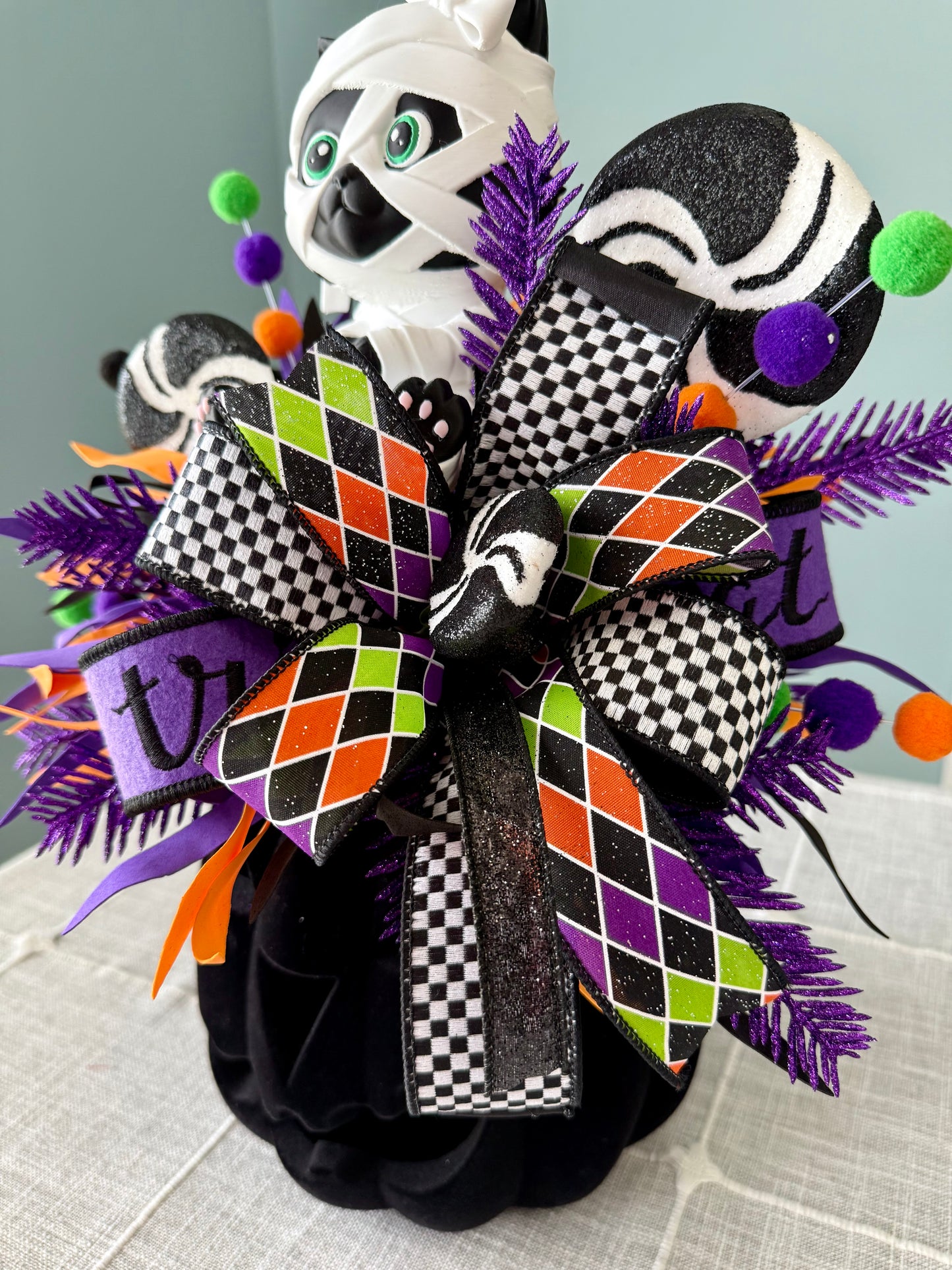 Moonbeam the Mummy Kitty Halloween Arrangement with Light Up Pumpkin