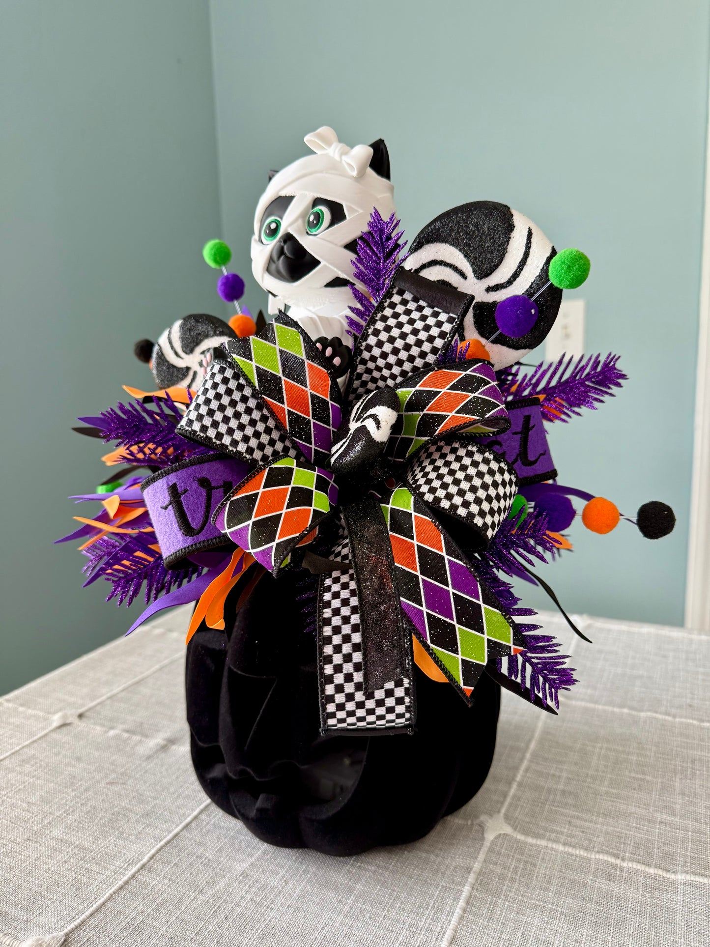 Moonbeam the Mummy Kitty Halloween Arrangement with Light Up Pumpkin
