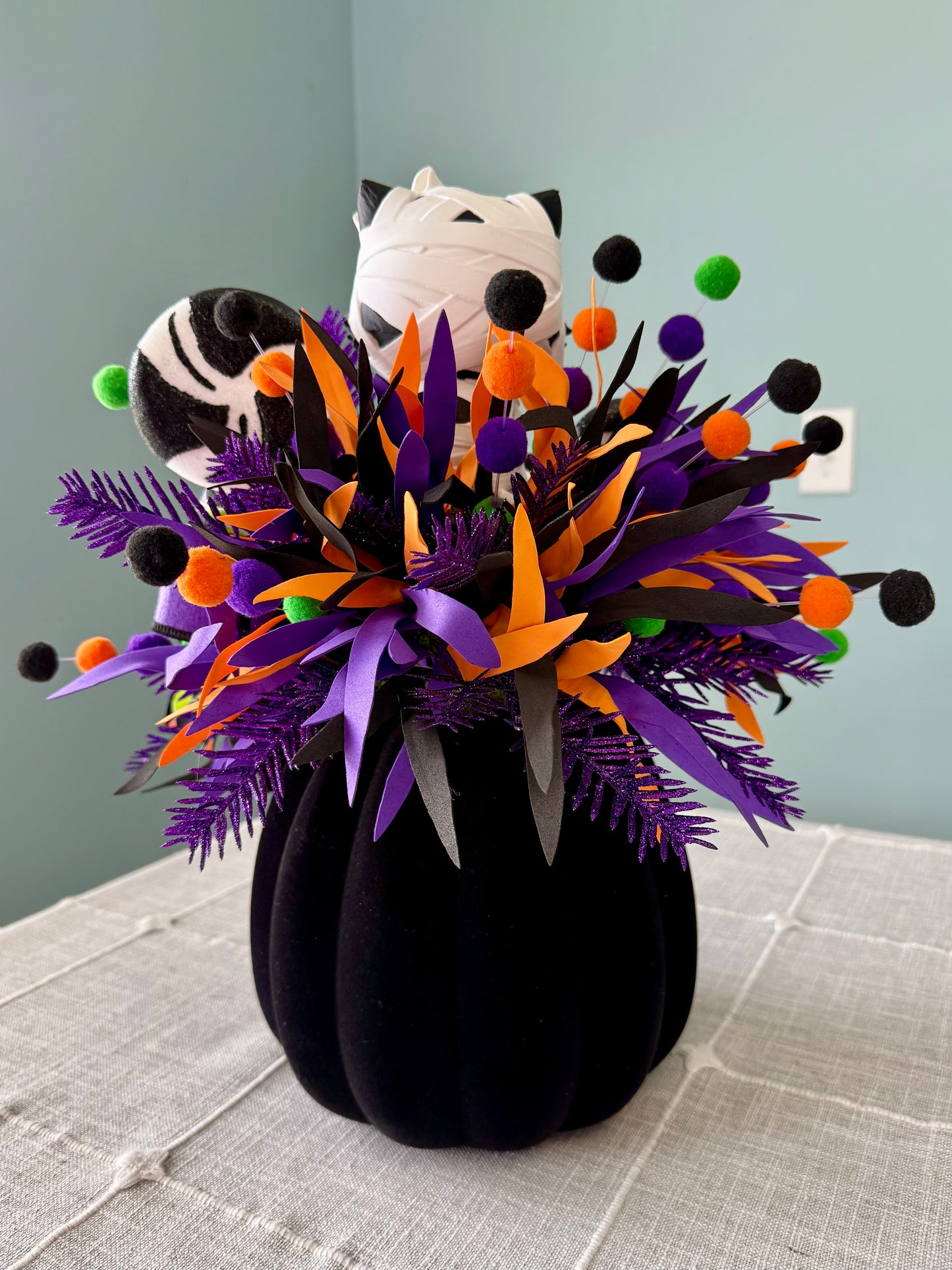 Moonbeam the Mummy Kitty Halloween Arrangement with Light Up Pumpkin