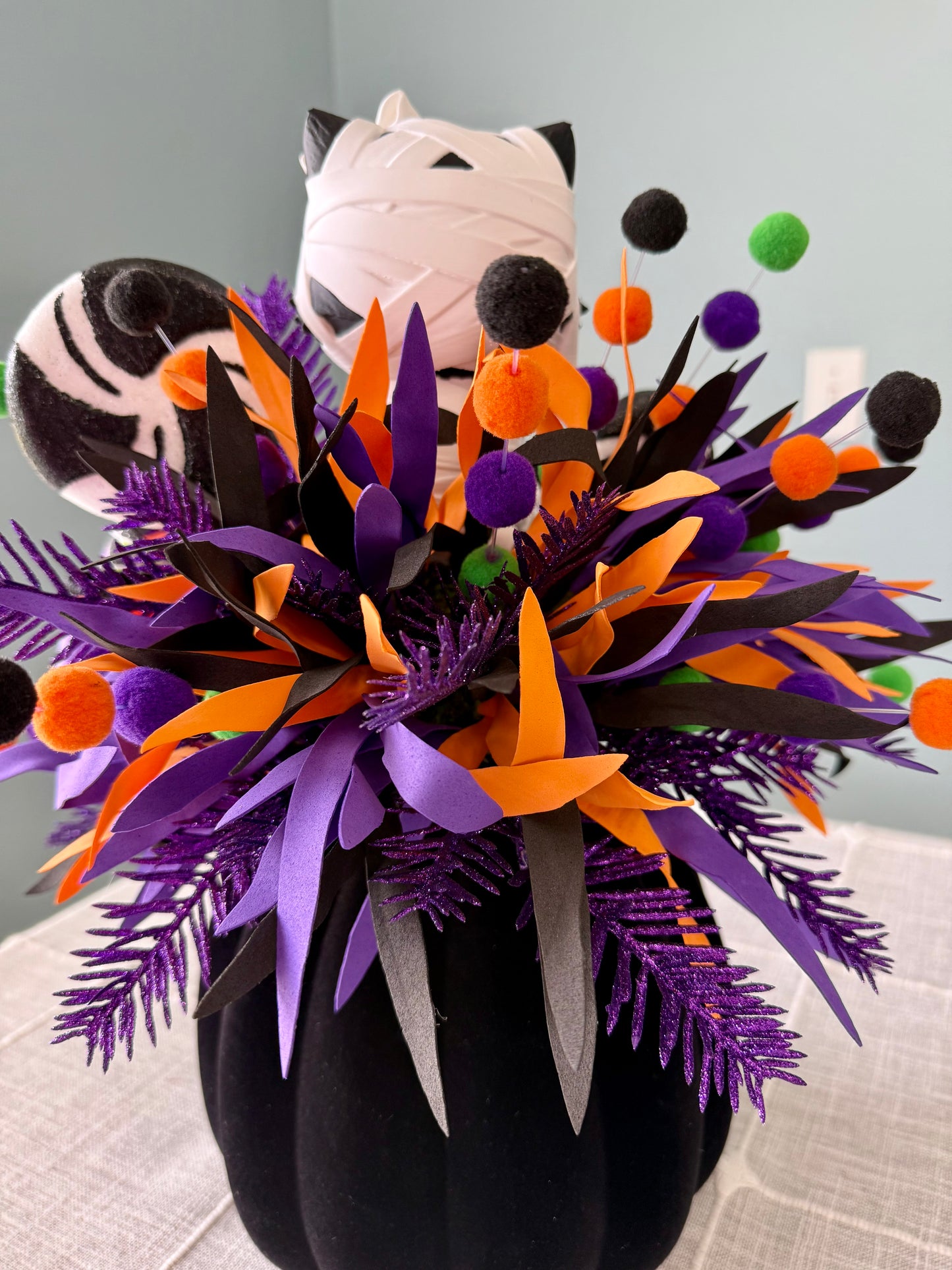 Moonbeam the Mummy Kitty Halloween Arrangement with Light Up Pumpkin