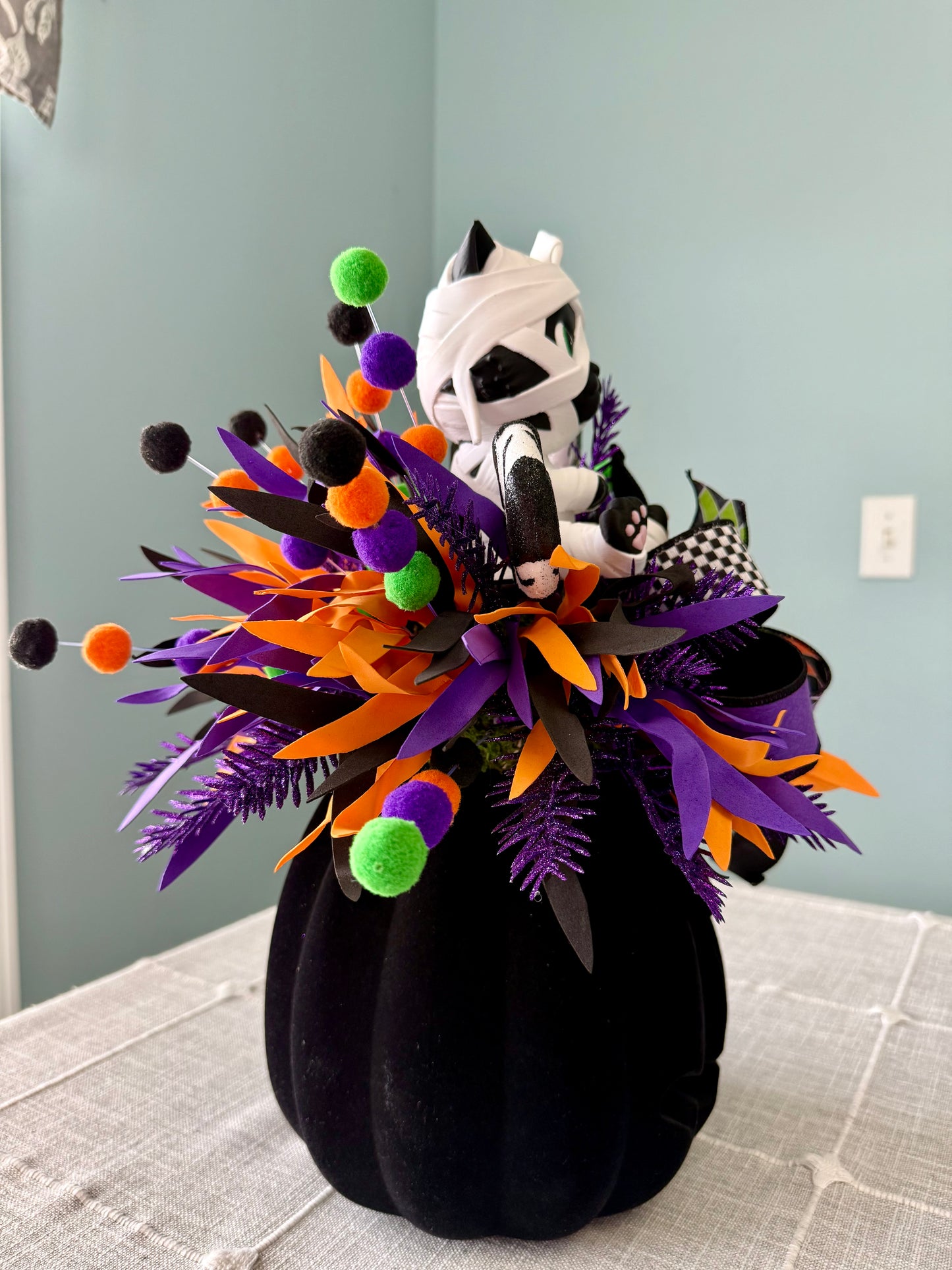 Moonbeam the Mummy Kitty Halloween Arrangement with Light Up Pumpkin