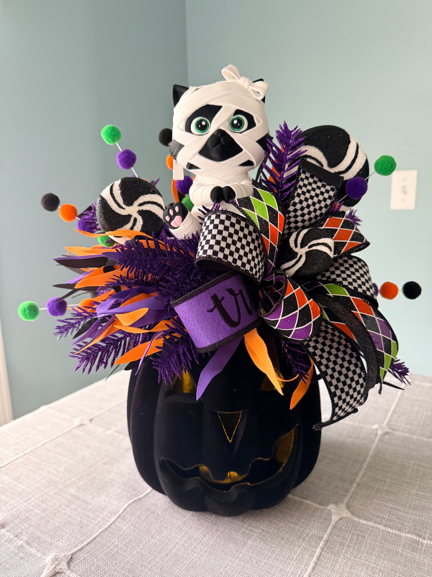 Moonbeam the Mummy Kitty Halloween Arrangement with Light Up Pumpkin