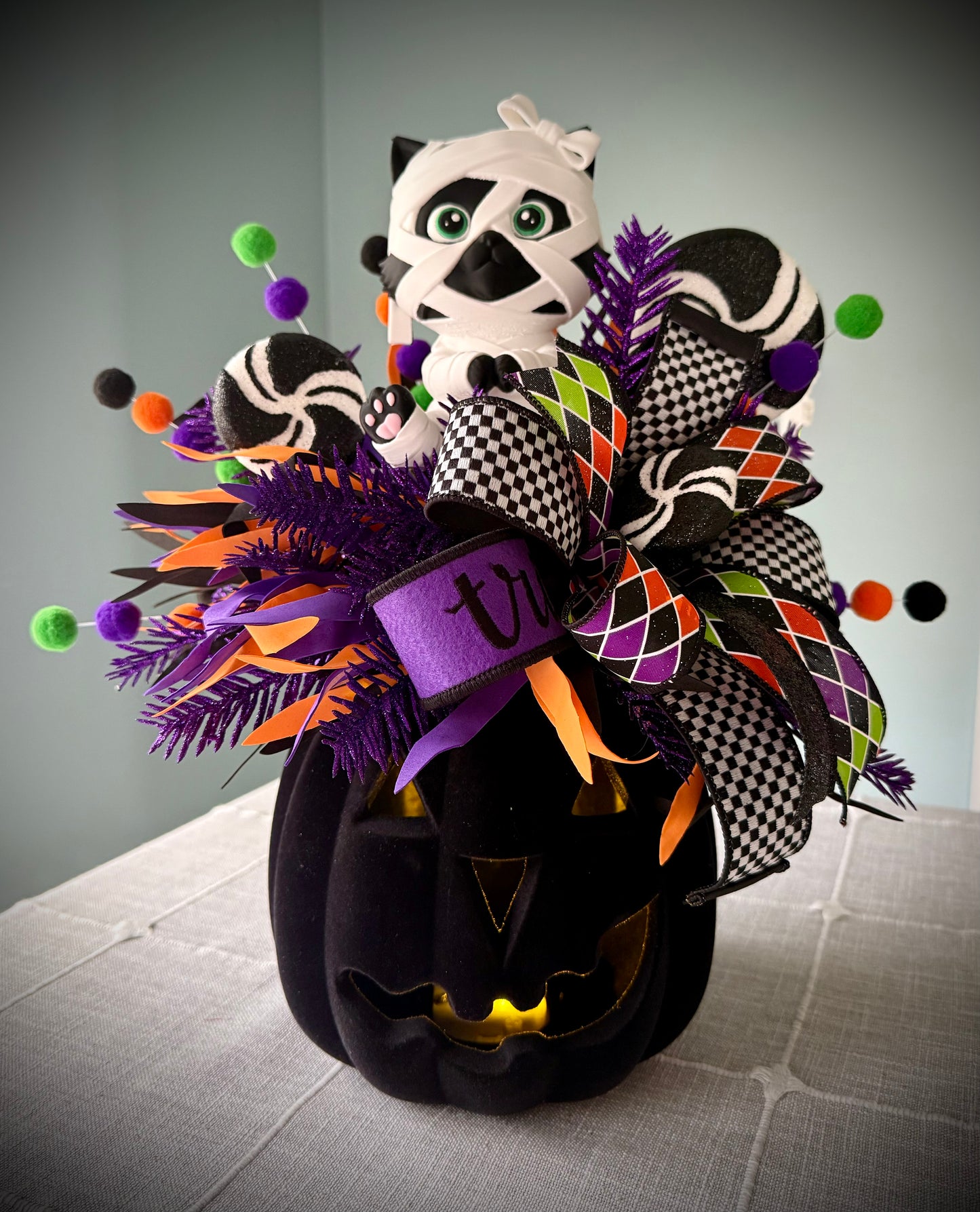 Moonbeam the Mummy Kitty Halloween Arrangement with Light Up Pumpkin