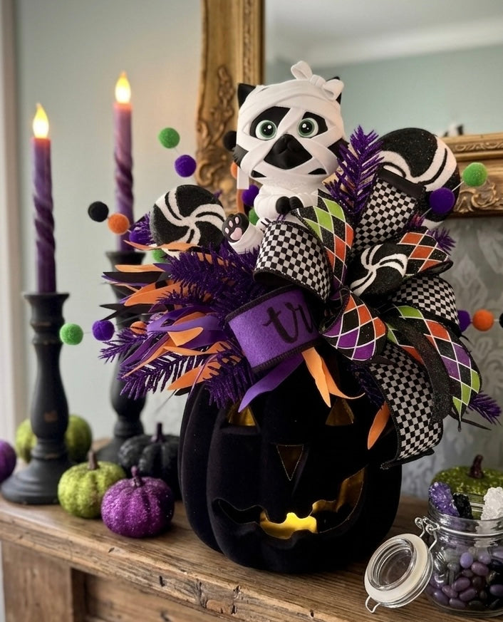 Moonbeam the Mummy Kitty Halloween Arrangement with Light Up Pumpkin